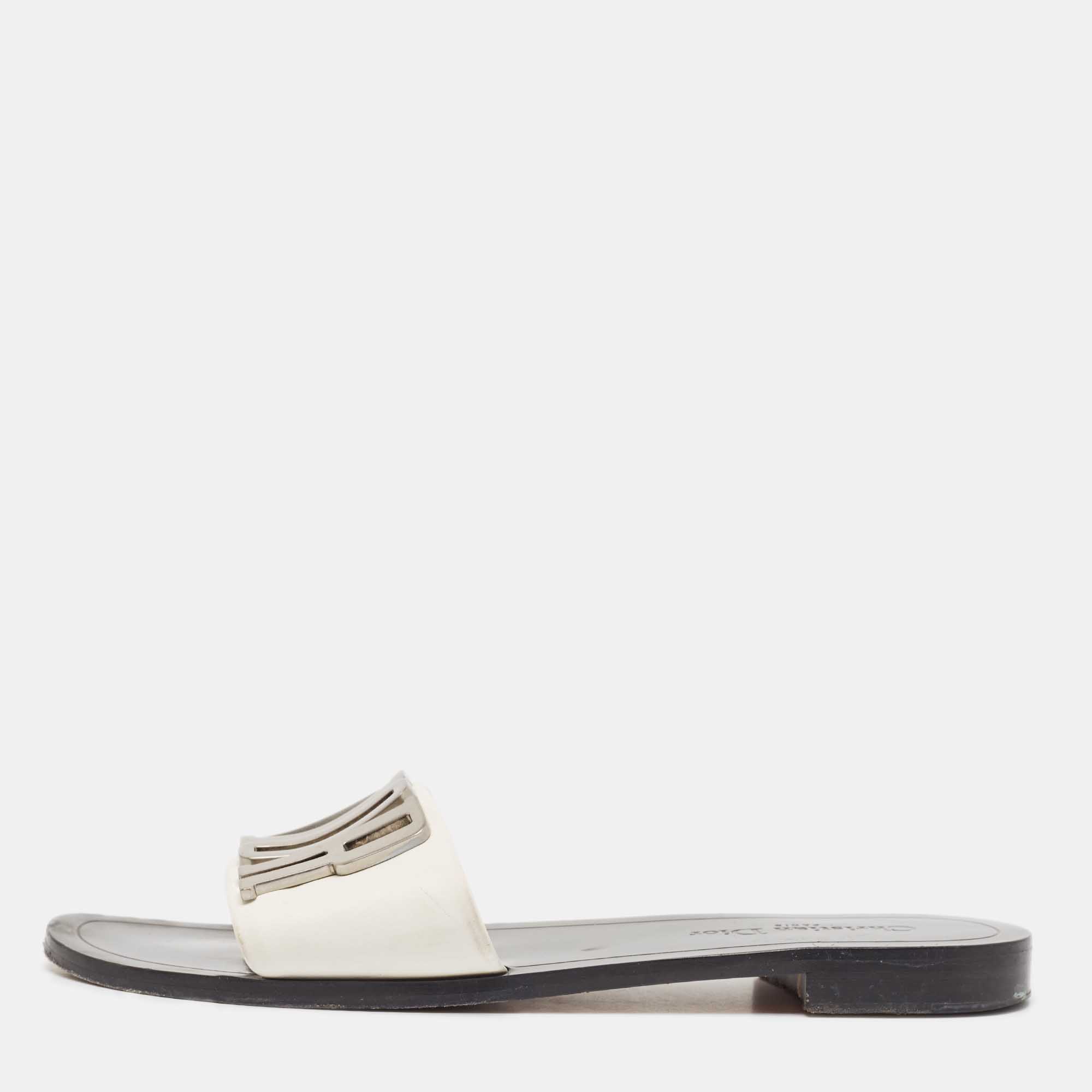 

Dior White/Black Leather Diorevolution Slide Flats Size