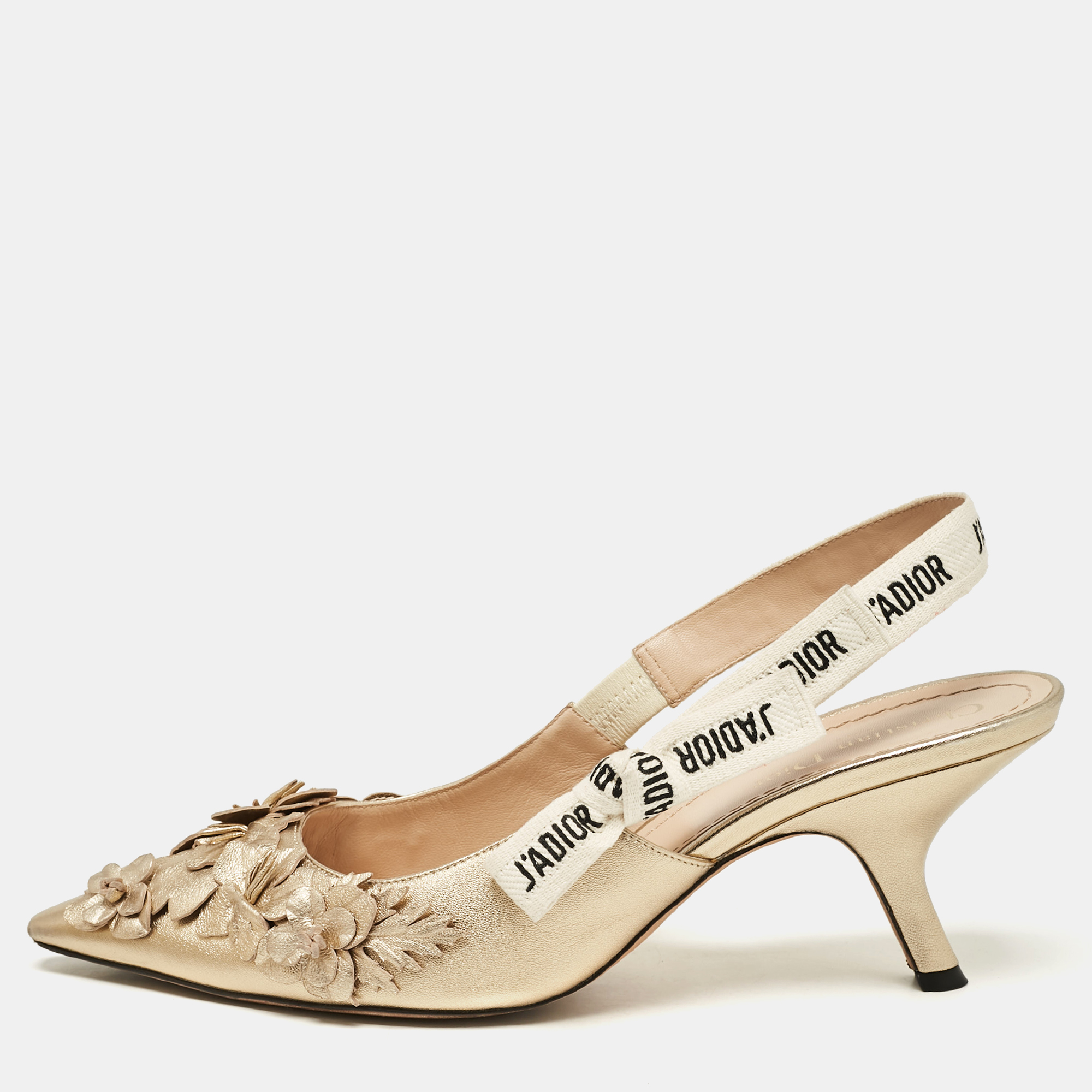 

Dior Gold Leather Applique Flowers J'Adior Slingback Pumps Size