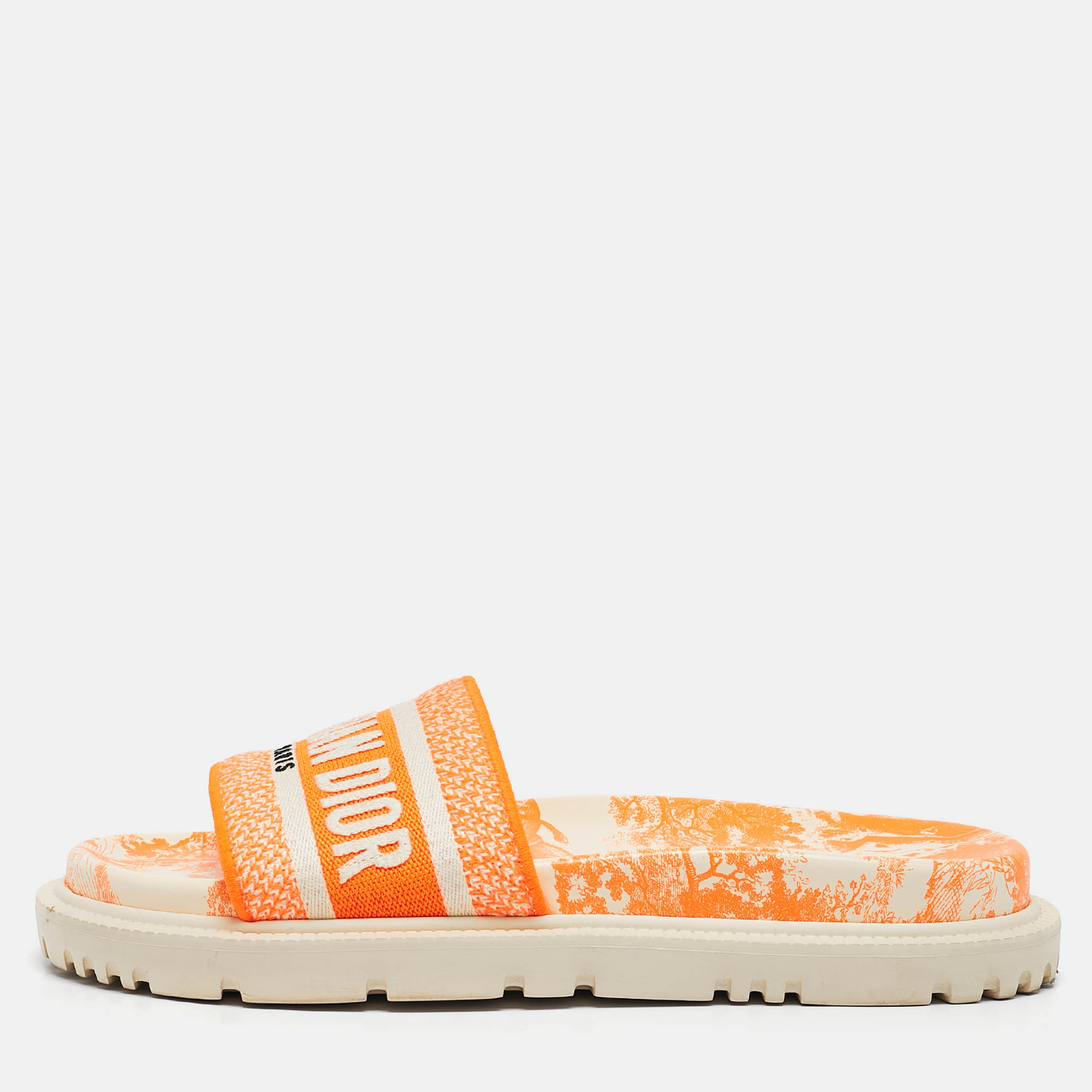 

Dior Orange/White Embroidered Canvas Dway Flat Slides Size