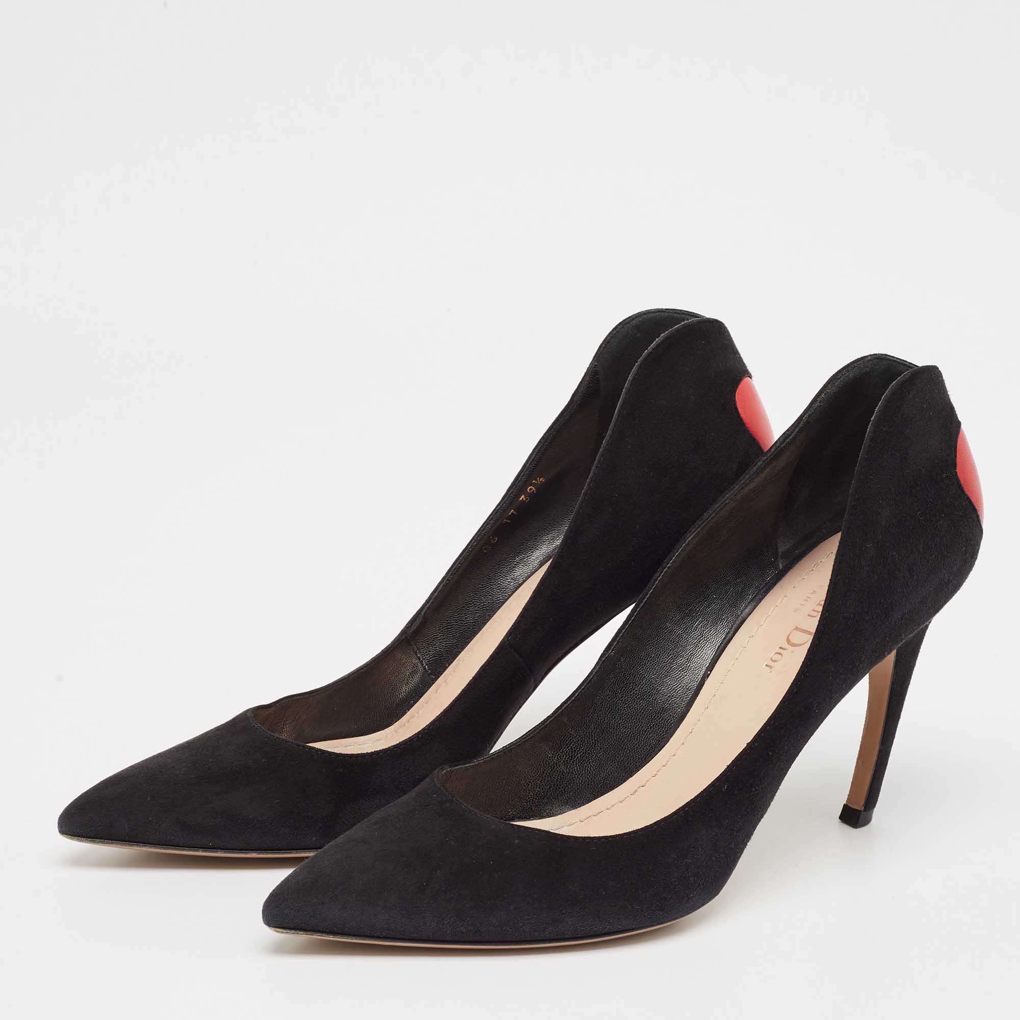 Dior Black/Red Suede and Leather Heart Pointed Toe Pumps Size 39.5 