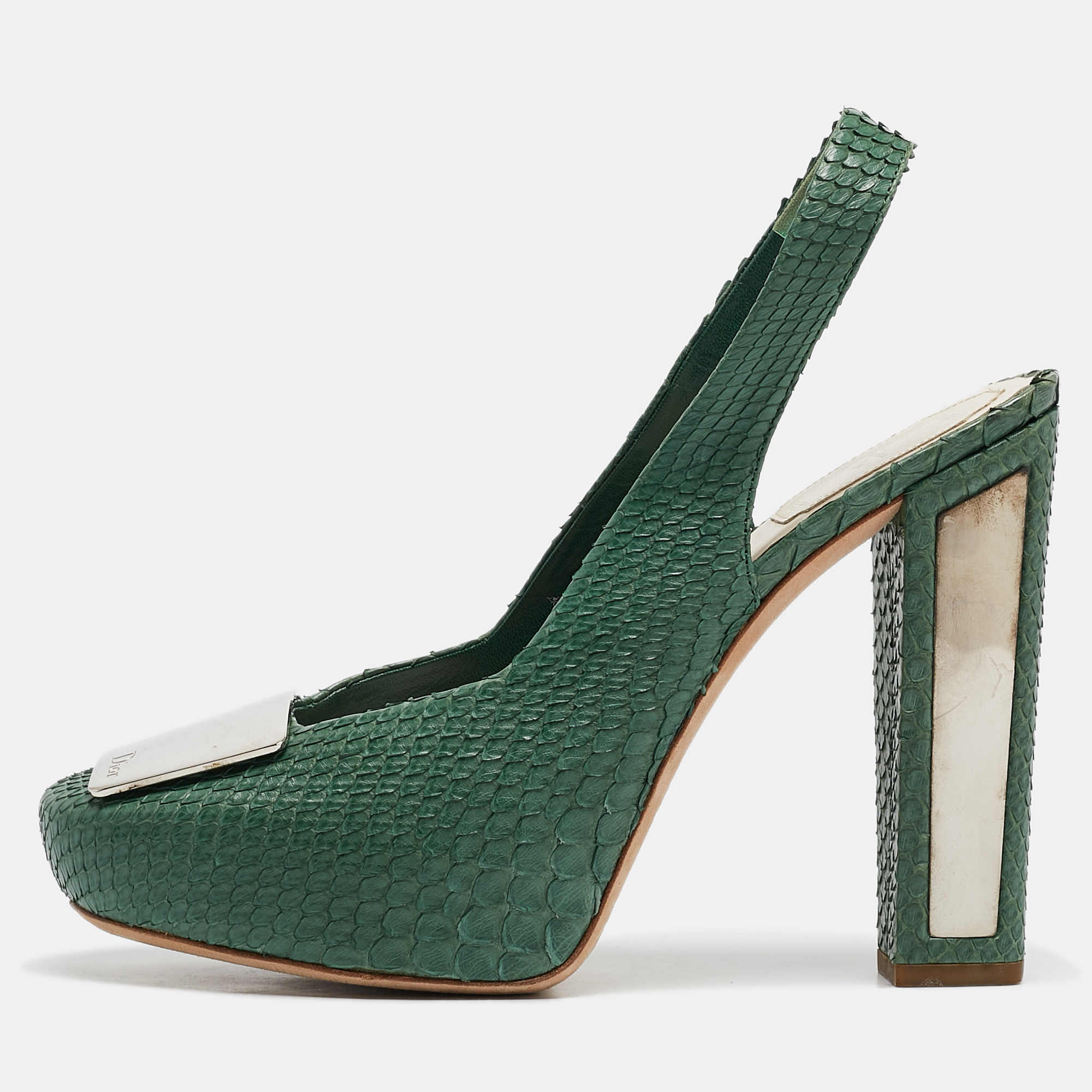 

Dior Green Python Embellished Platform Slingback Pumps Size