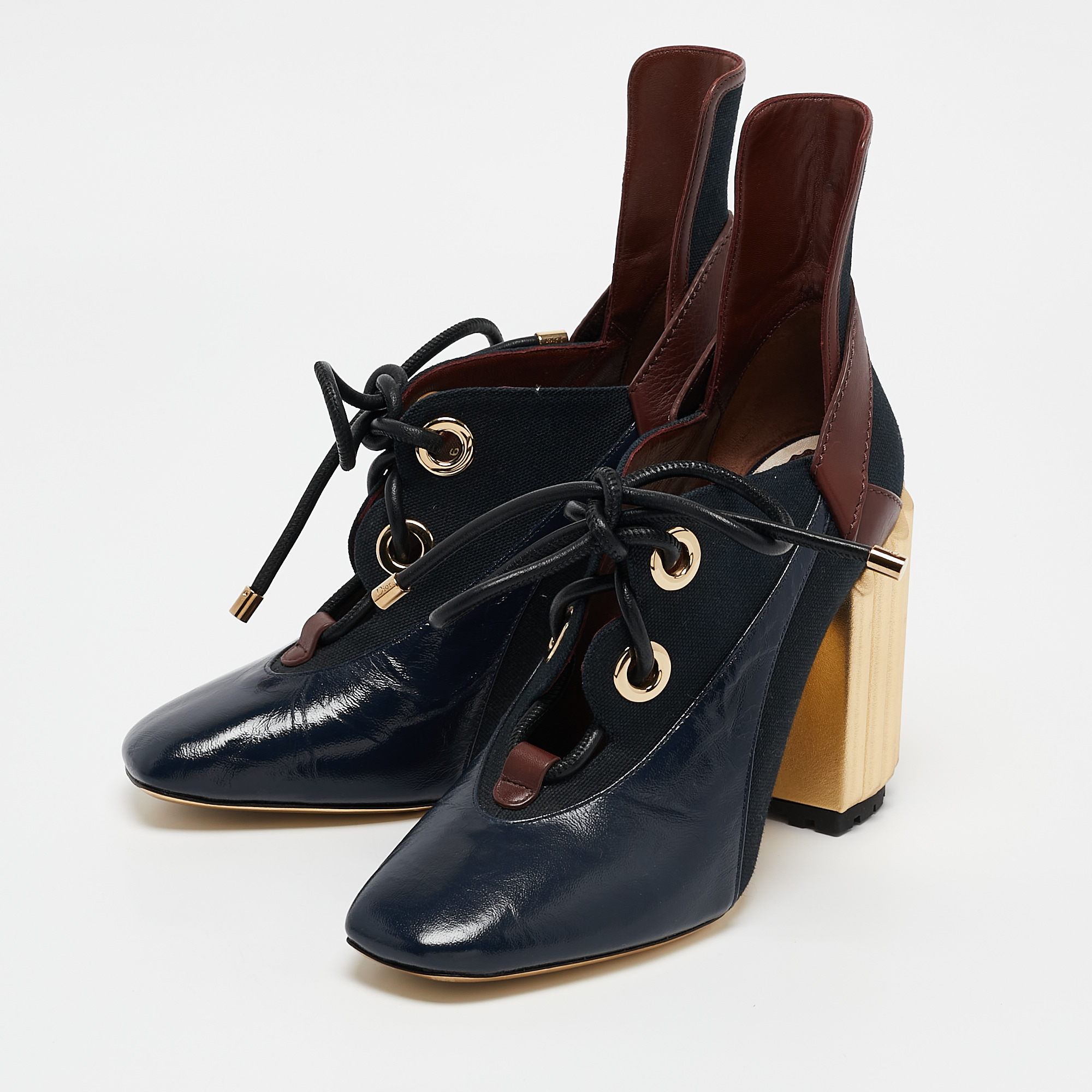 Dior Tricolor Patent Leather and Canvas Lace Up Block Heel Booties Size 38.5 