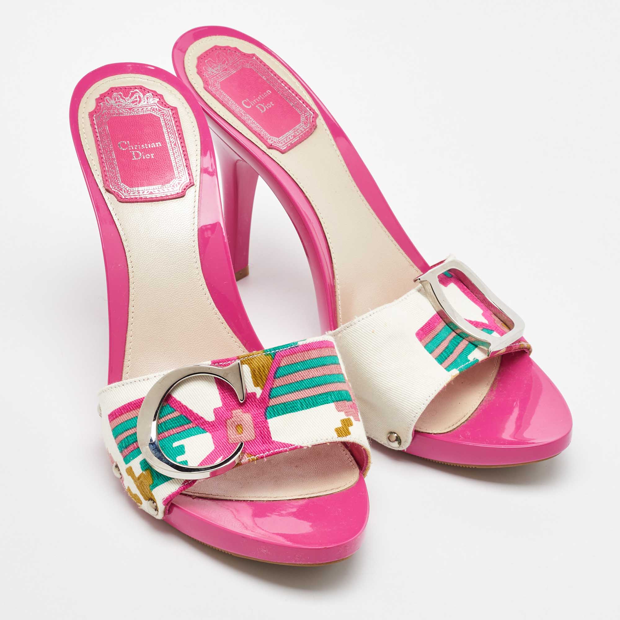 Dior Multicolor Printed Canvas Logo Embellished Slide Sandals Size 38 