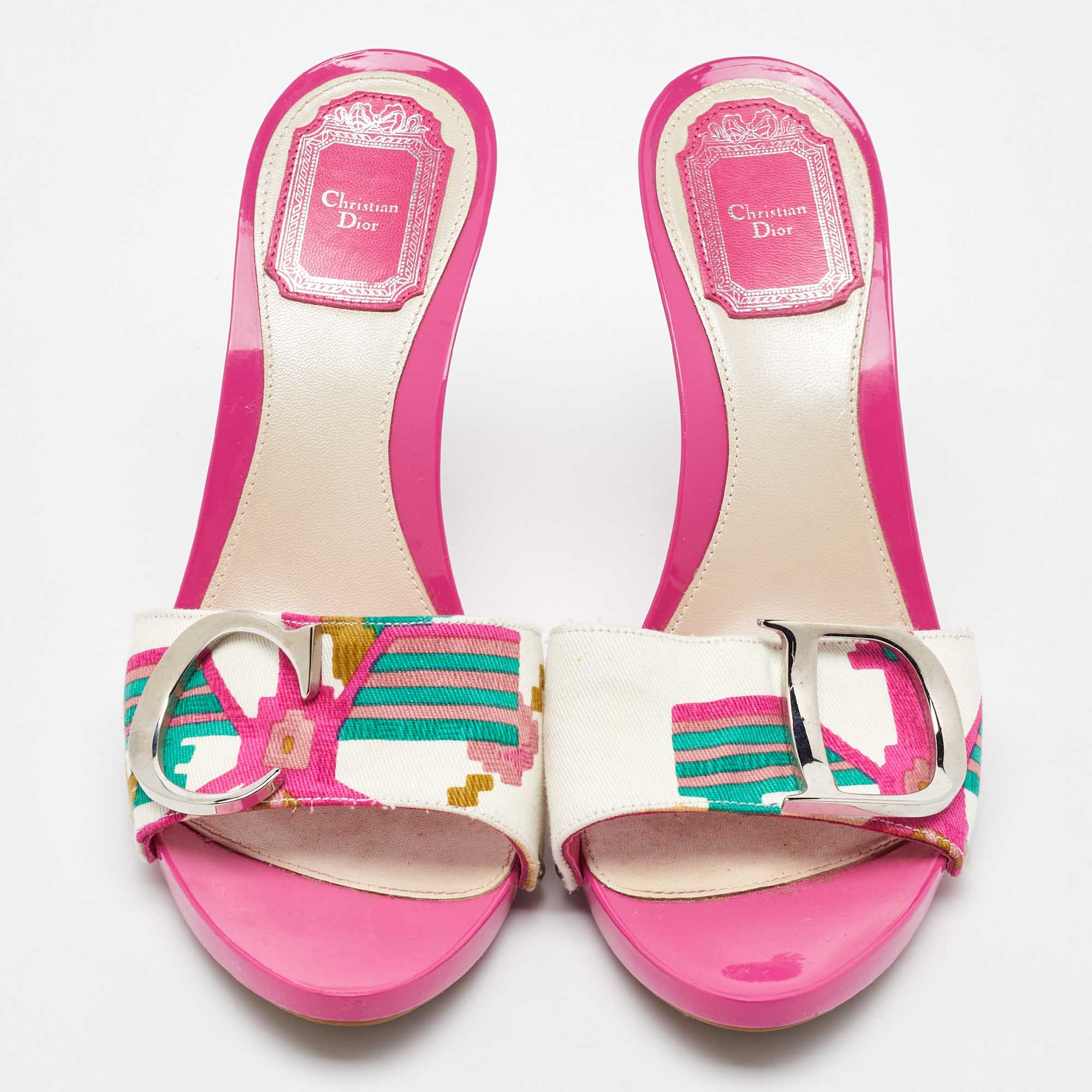 Dior Multicolor Printed Canvas Logo Embellished Slide Sandals Size 38 