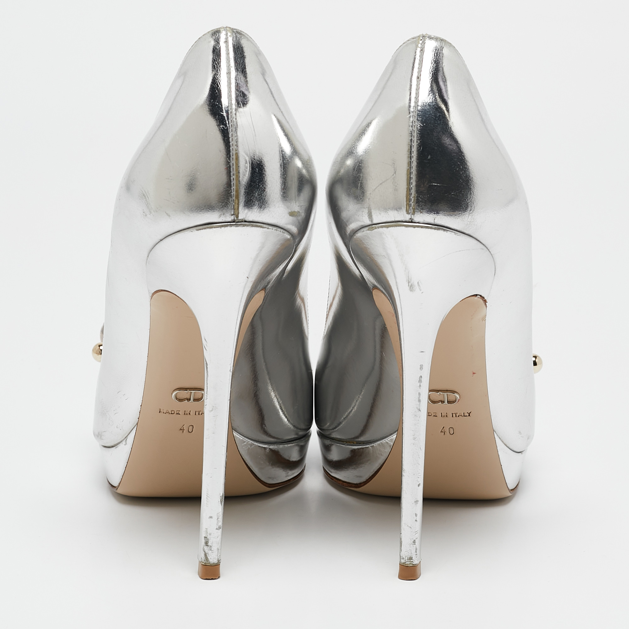 Dior Silver Leather Platform Peep Toe Pumps Size 40 