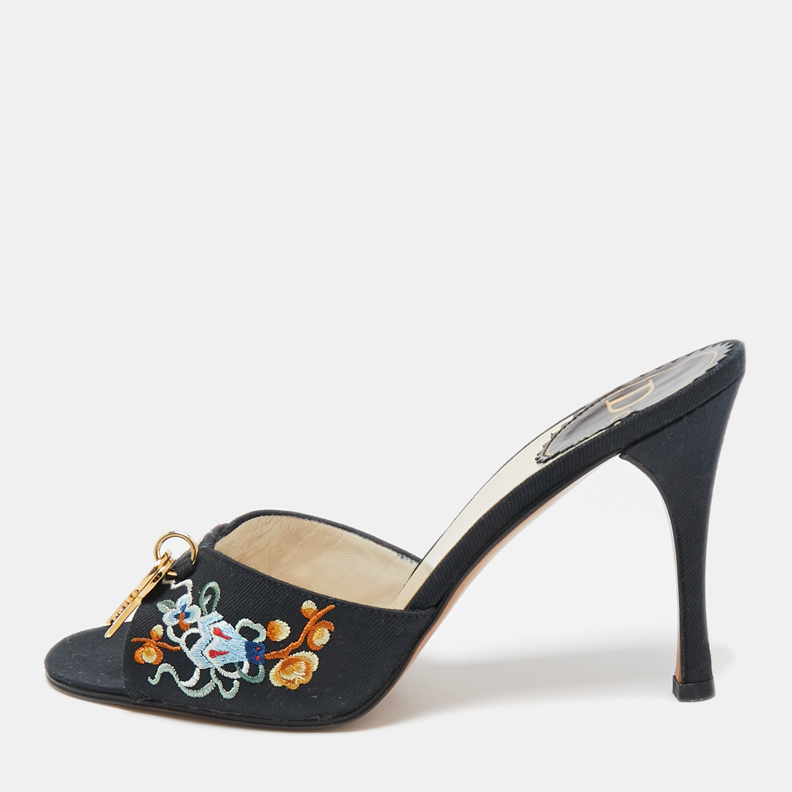 

Dior Navy Blue Embroidered Canvas Lock And Key Slide Sandals Size