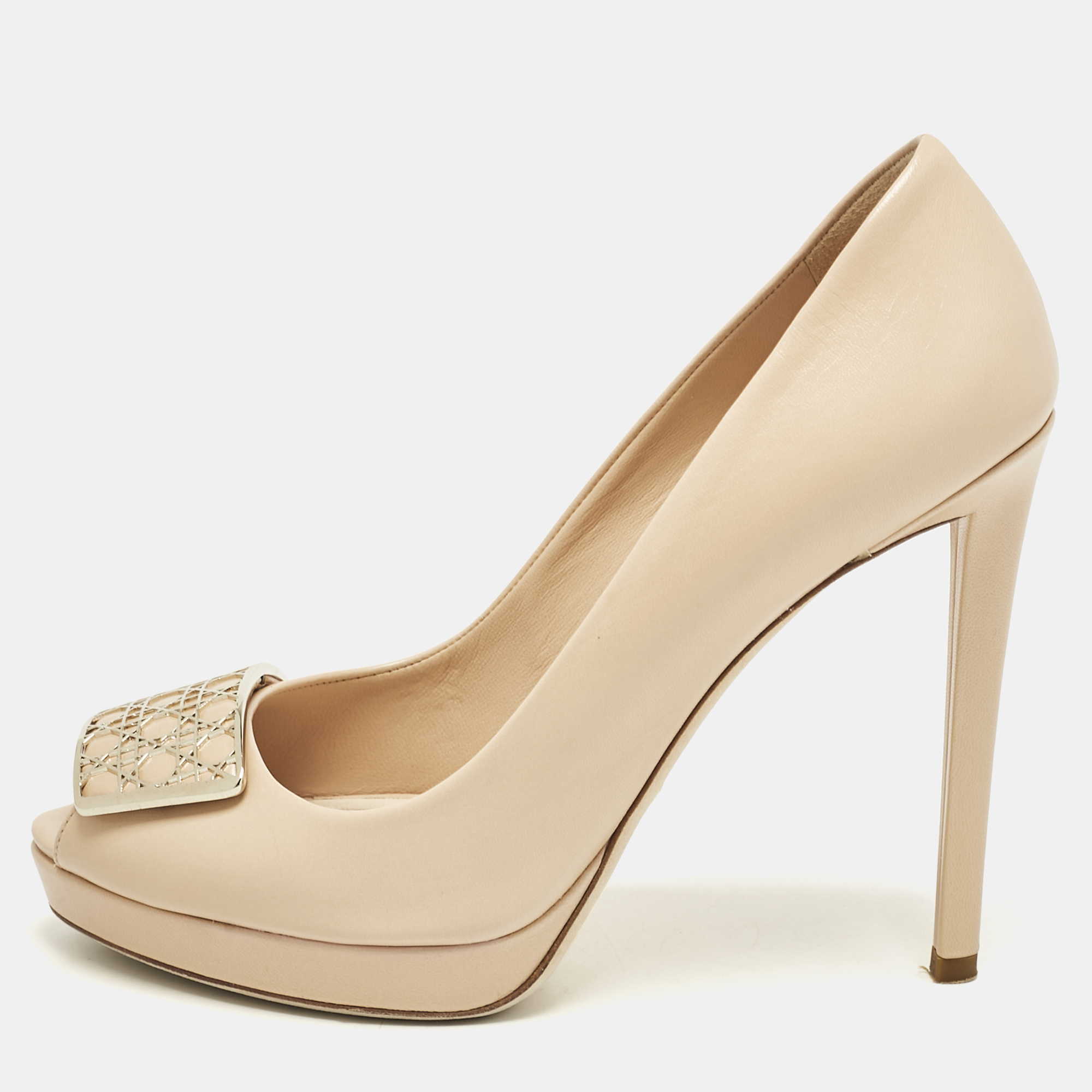 

Dior Beige Leather Cannage Plaque Peep Toe Platform Pumps Size