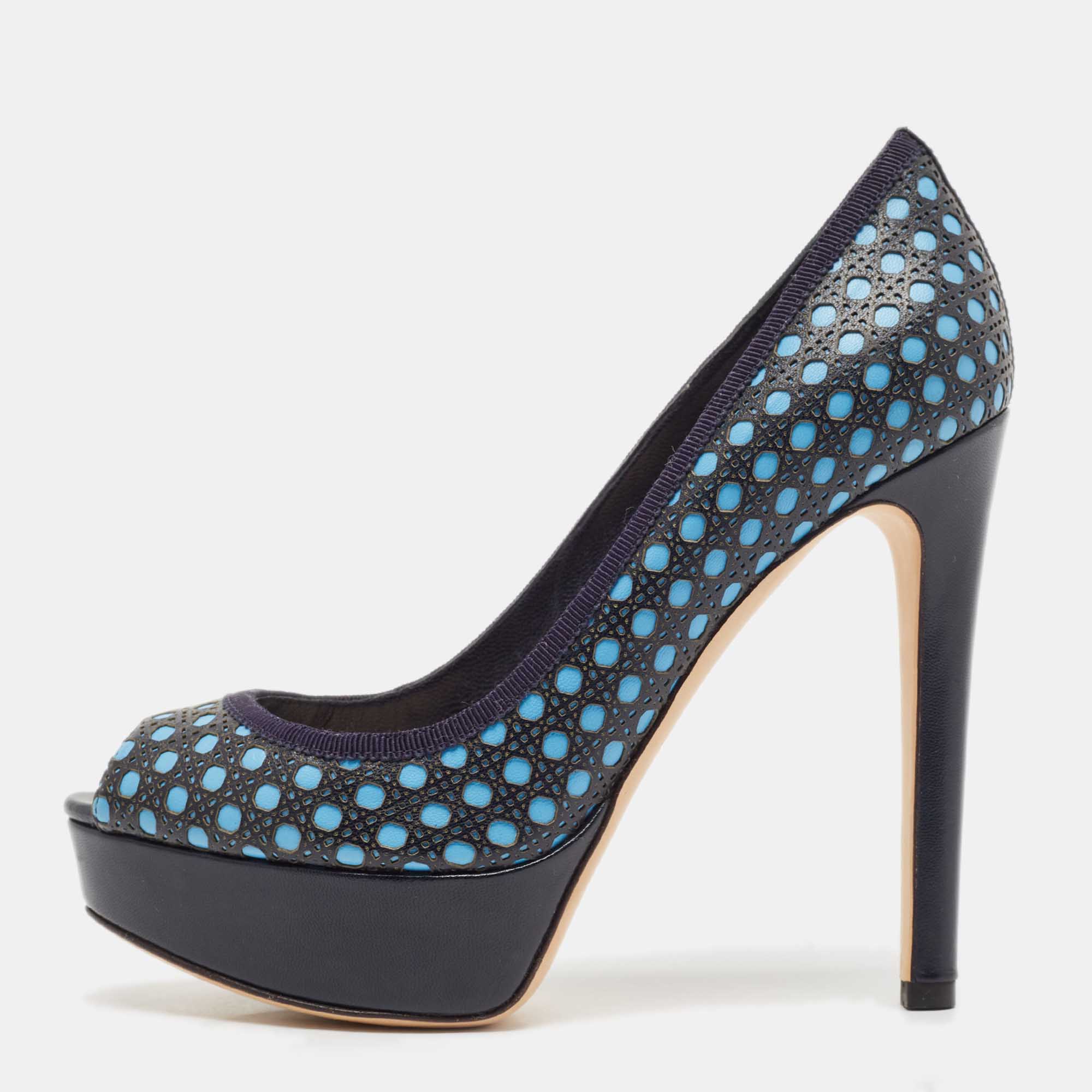 

Dior Blue Leather Contrast Cannage Peep Toe Platform Pumps Size