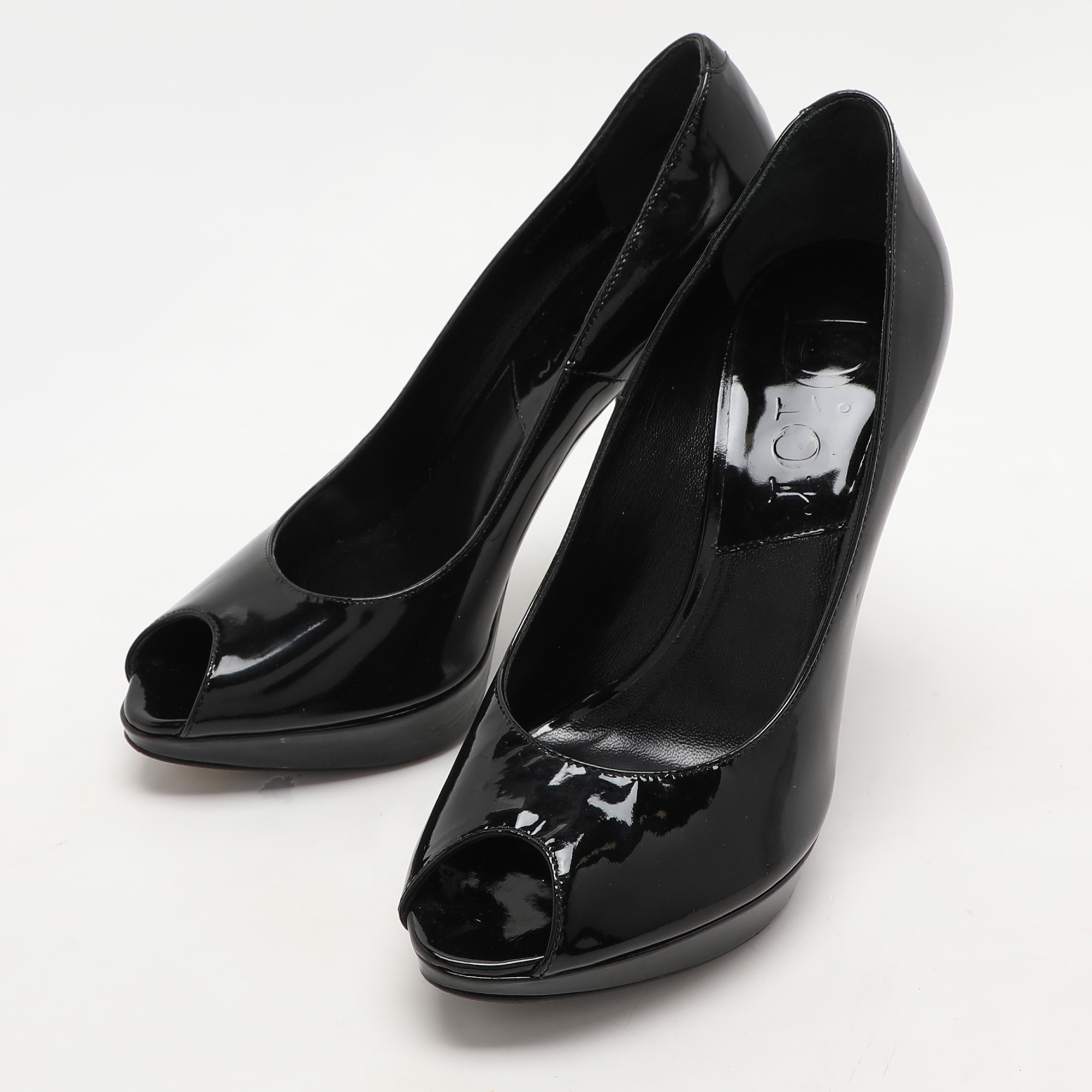 Dior Black Patent Leather Peep Toe Pumps Size 36.5 