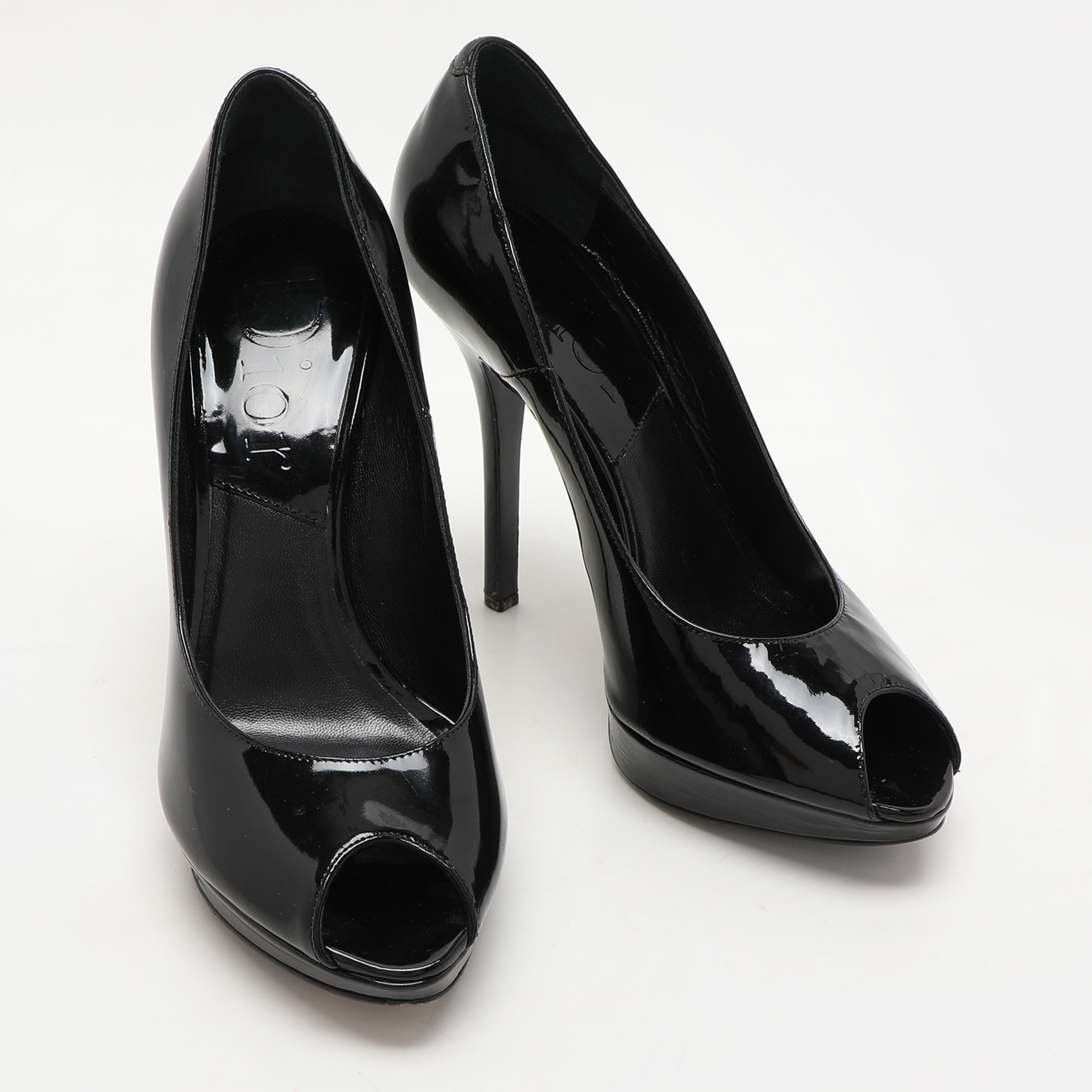 Dior Black Patent Leather Peep Toe Pumps Size 36.5 