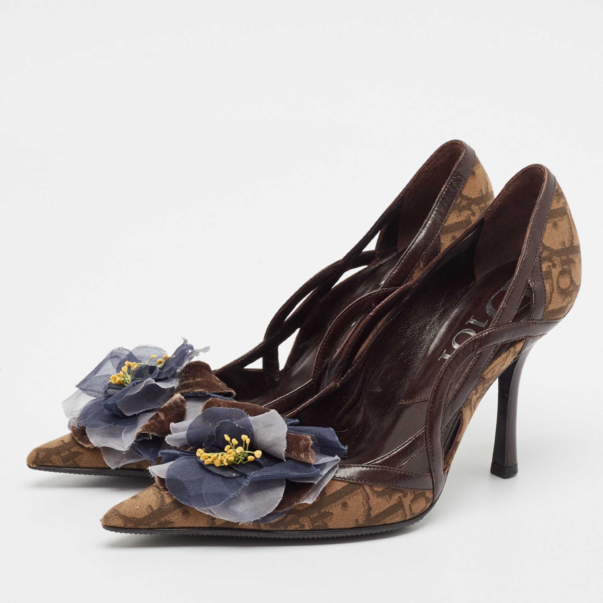 Dior Brown Oblique Canvas And Leather Floral Applique Pointed Toe Pumps Size 36 