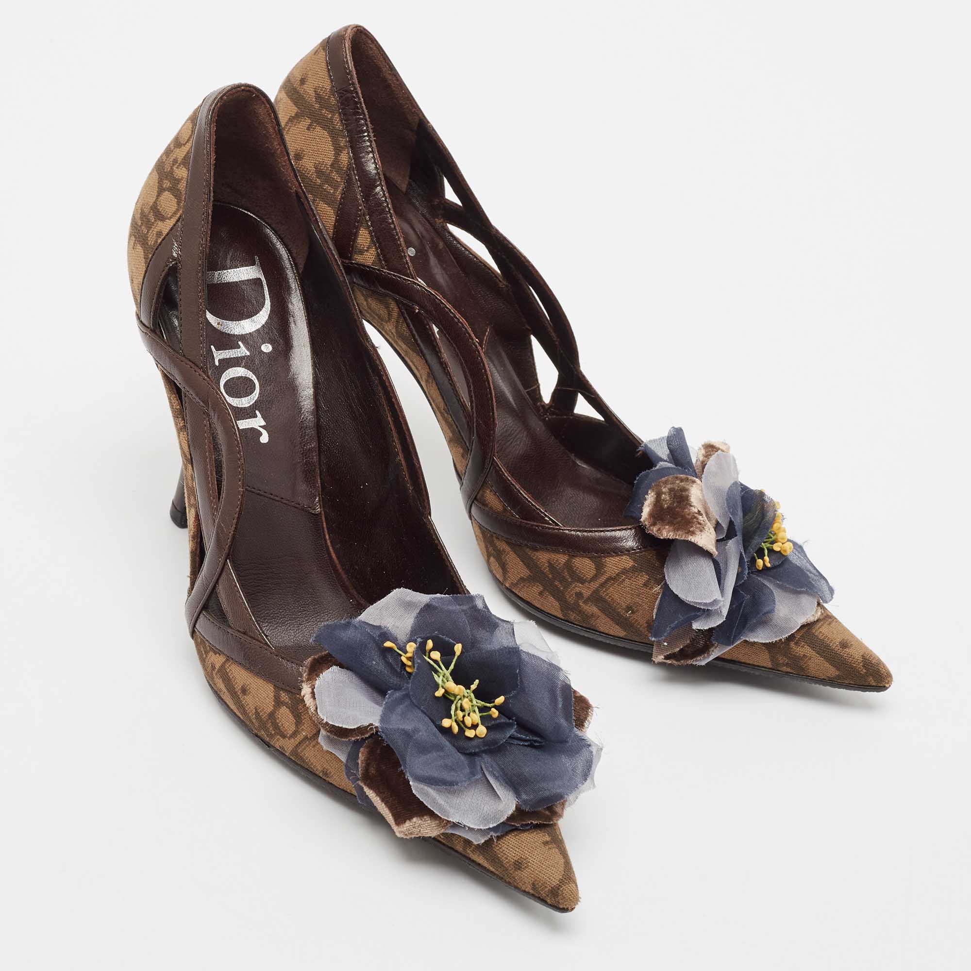 Dior Brown Oblique Canvas And Leather Floral Applique Pointed Toe Pumps Size 36 