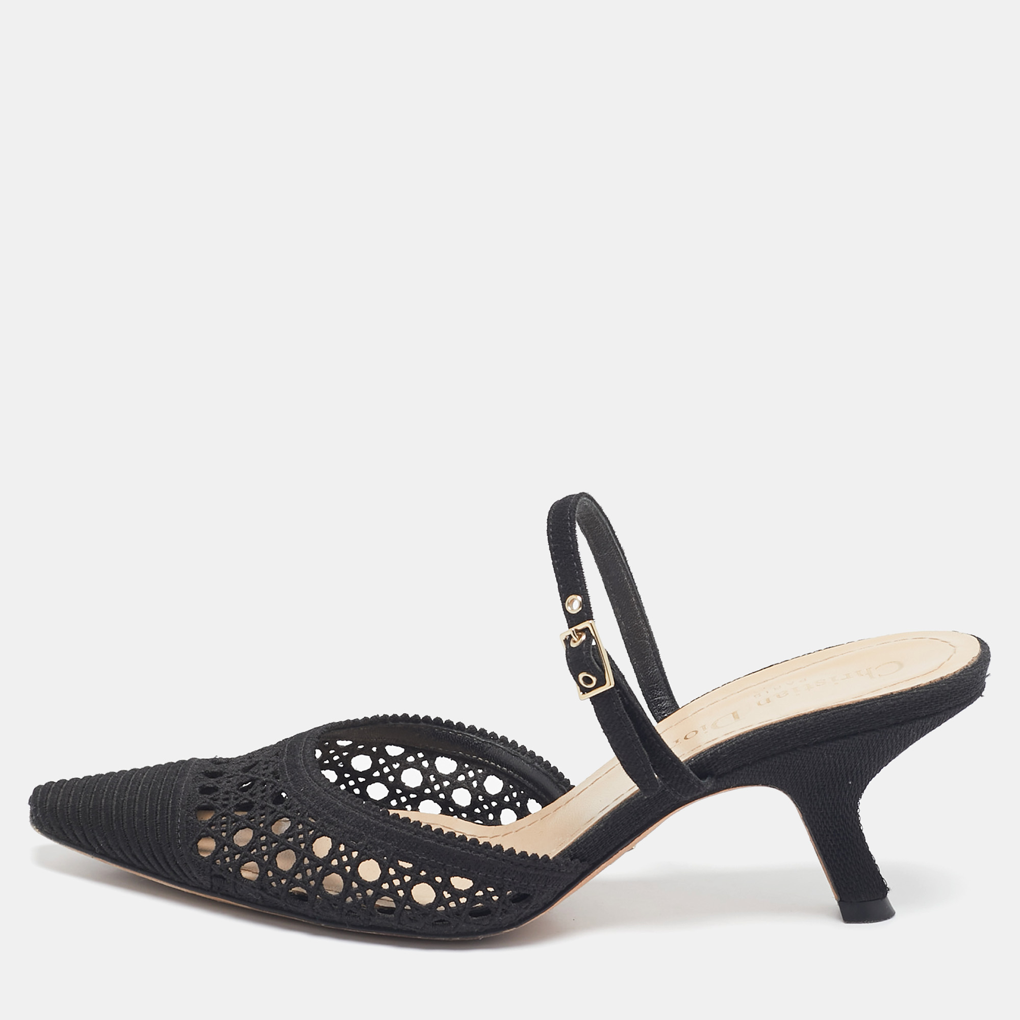 

Dior Black Embellished Mesh Dior Capture Ankle Strap Mules Size