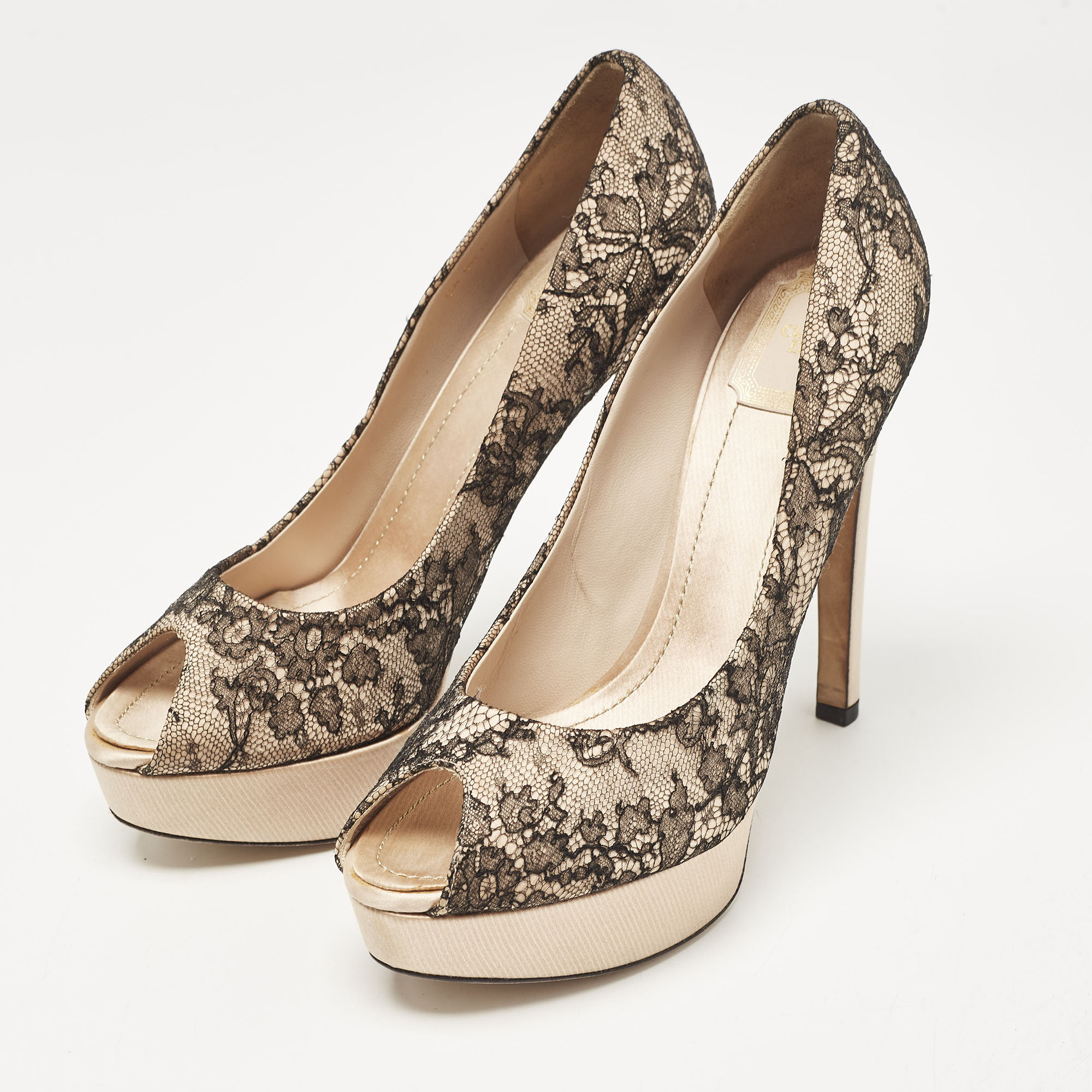 Dior Black/Beige Mesh and  Lace Platform Pumps Size 40 