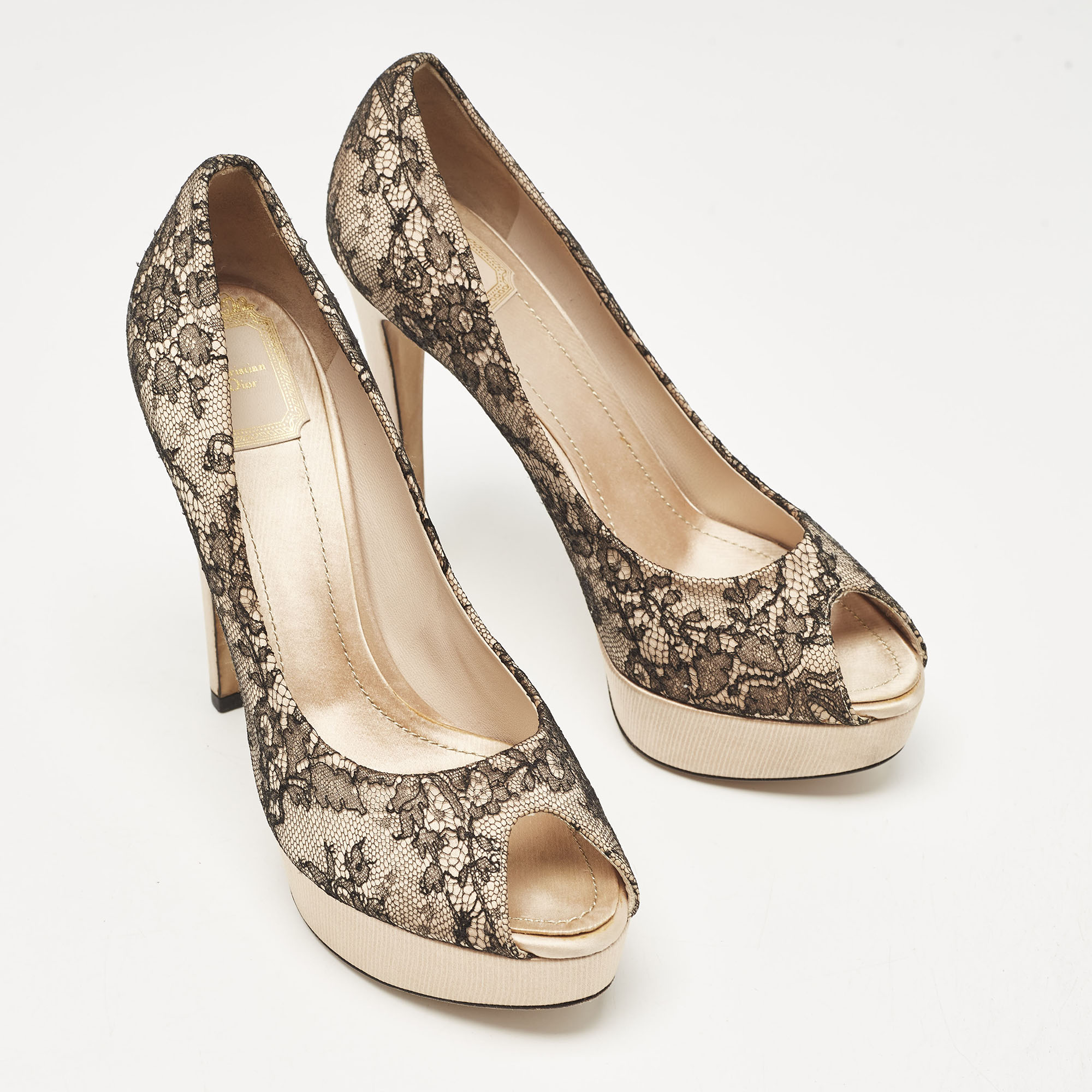 Dior Black/Beige Mesh and  Lace Platform Pumps Size 40 