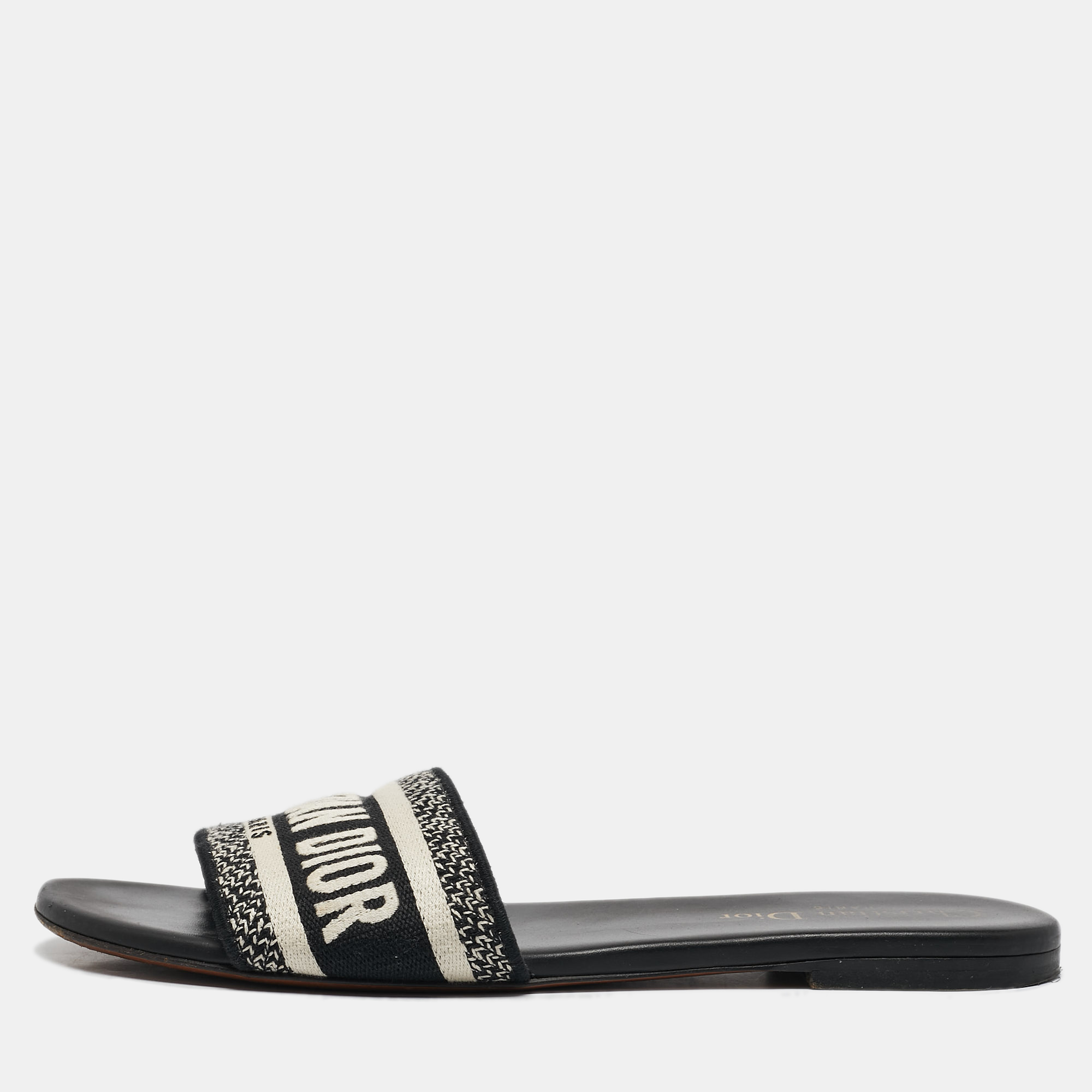 

Dior Navy Blue/White Embroidered Canvas Dway Flat Slides Size, Black