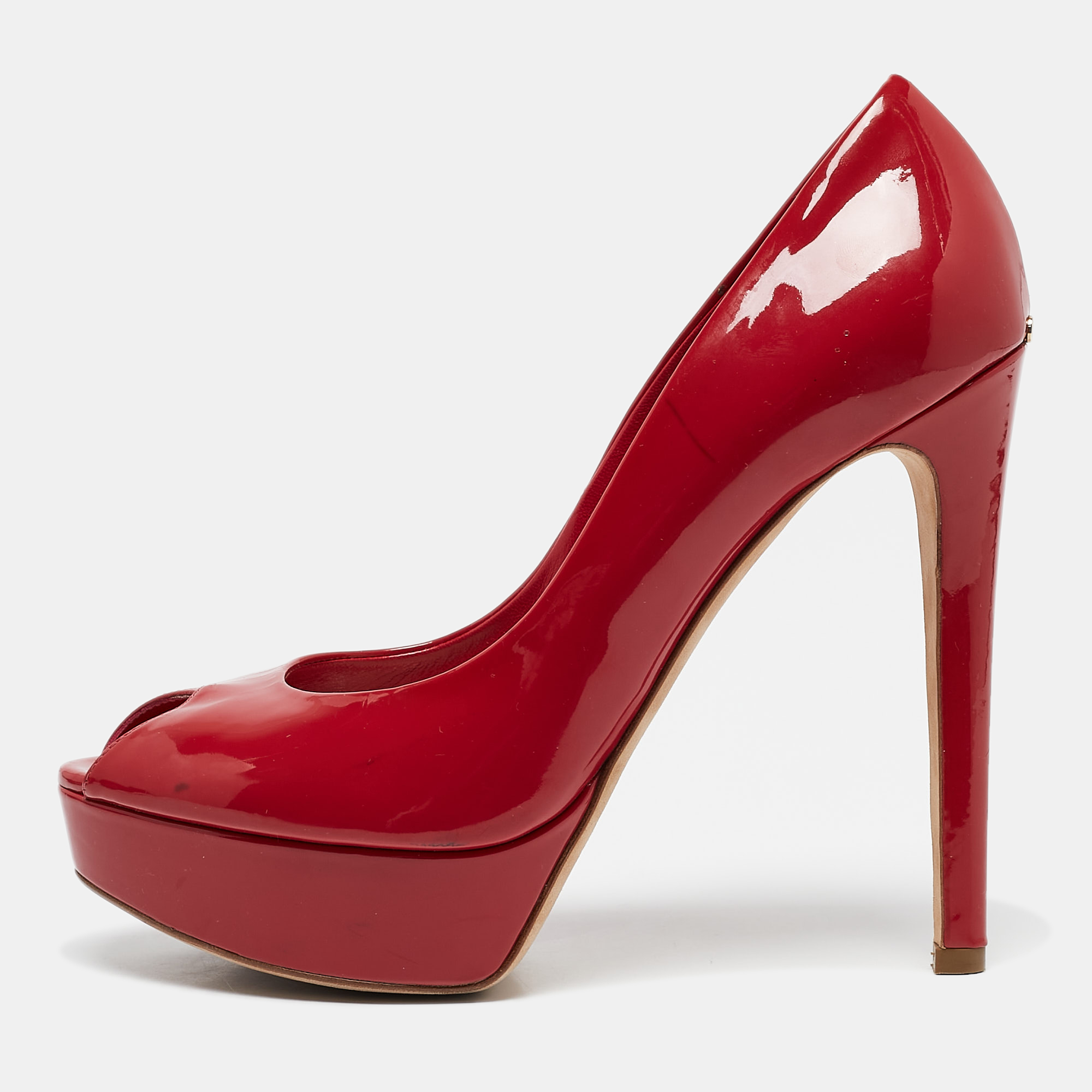 

Dior Red Patent Leather Miss Dior Peep Toe Platform Pumps Size