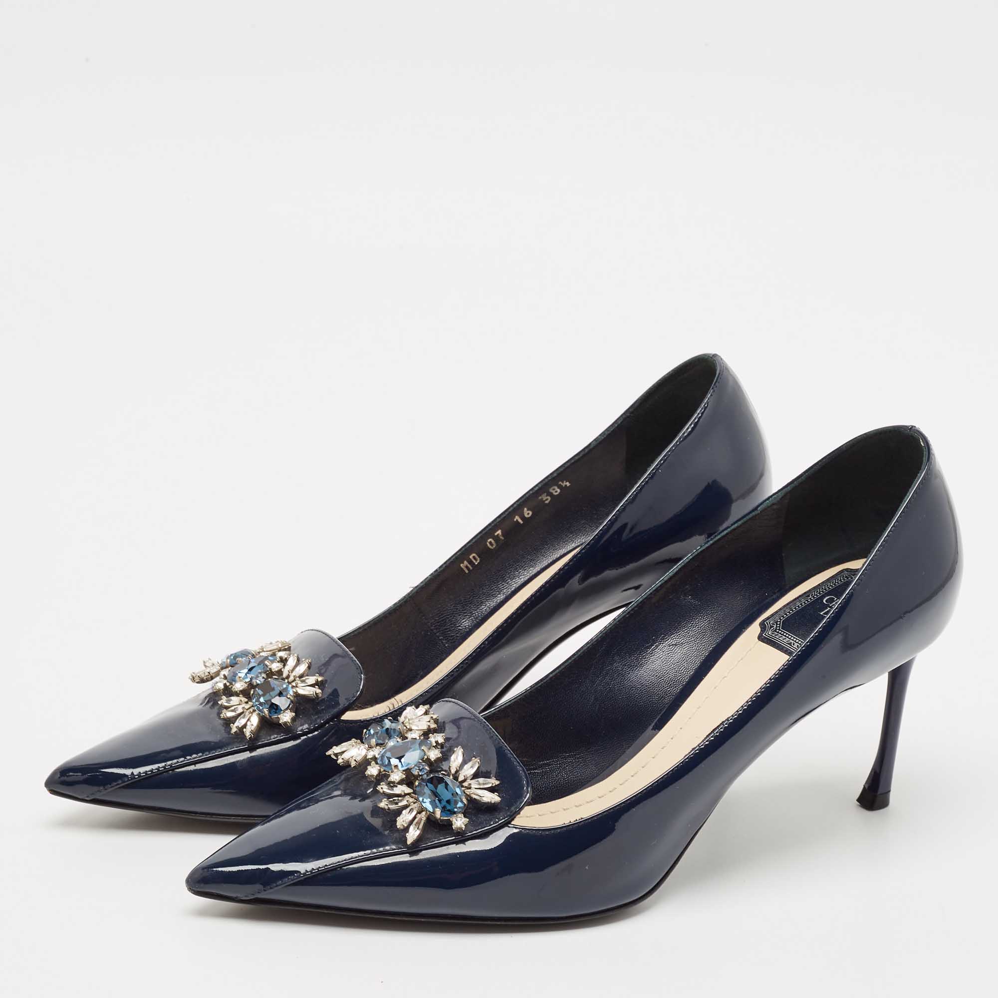 Dior Blue Patent Leather Crystal Embellished Pointed Toe Pumps Size 38.5 