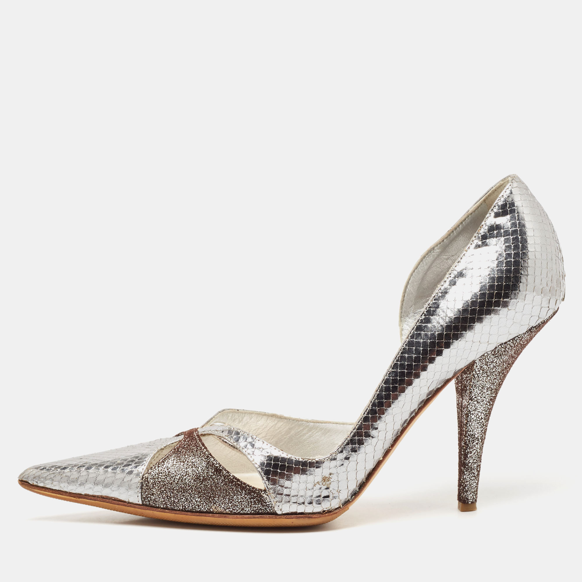 

Dior Silver/Brown Python Embossed Leather and Texture Suede Pumps Size