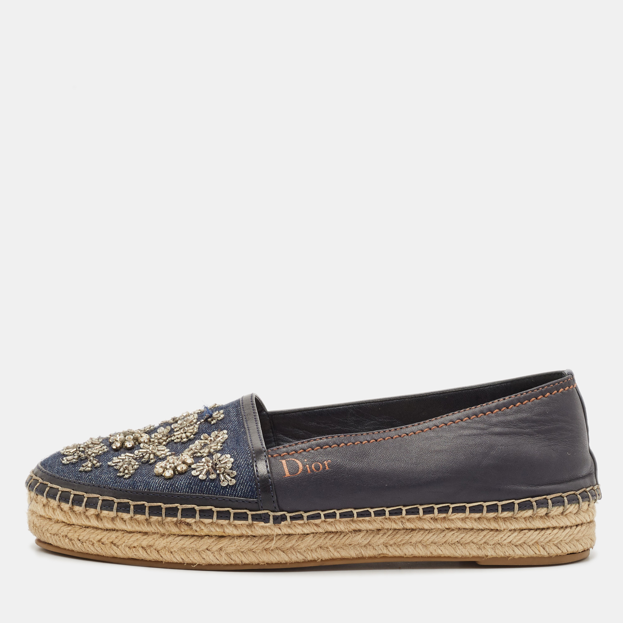 

Dior Black/Blue Denim and Leather Embellished Espadrille Flats Size