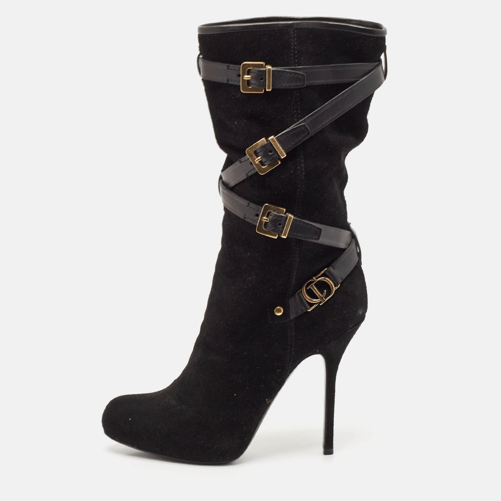 

Dior Black Leather and Suede Buckle Mid Calf Boots Size