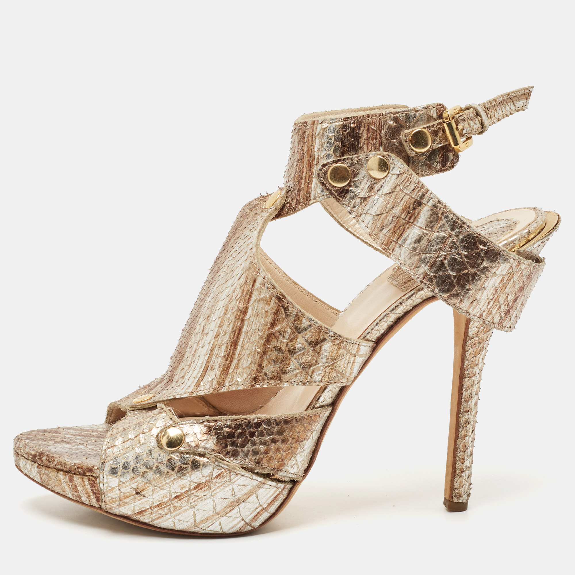 

Dior Gold/Silver Python Leather Lasercut Ankle Strap Sandals Size