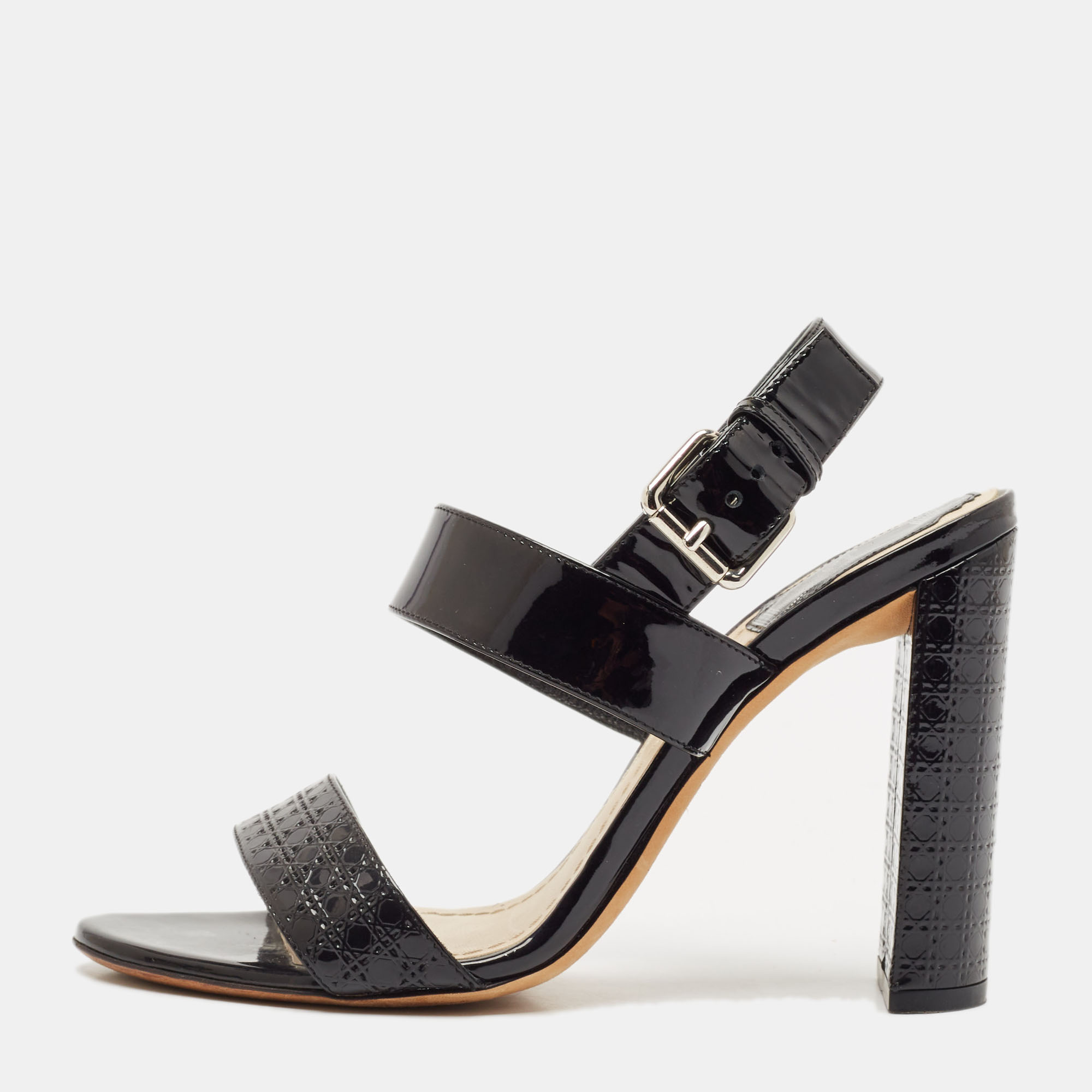 

Dior Black Cannage Quilted Patent Leather Ankle Strap Sandals Size