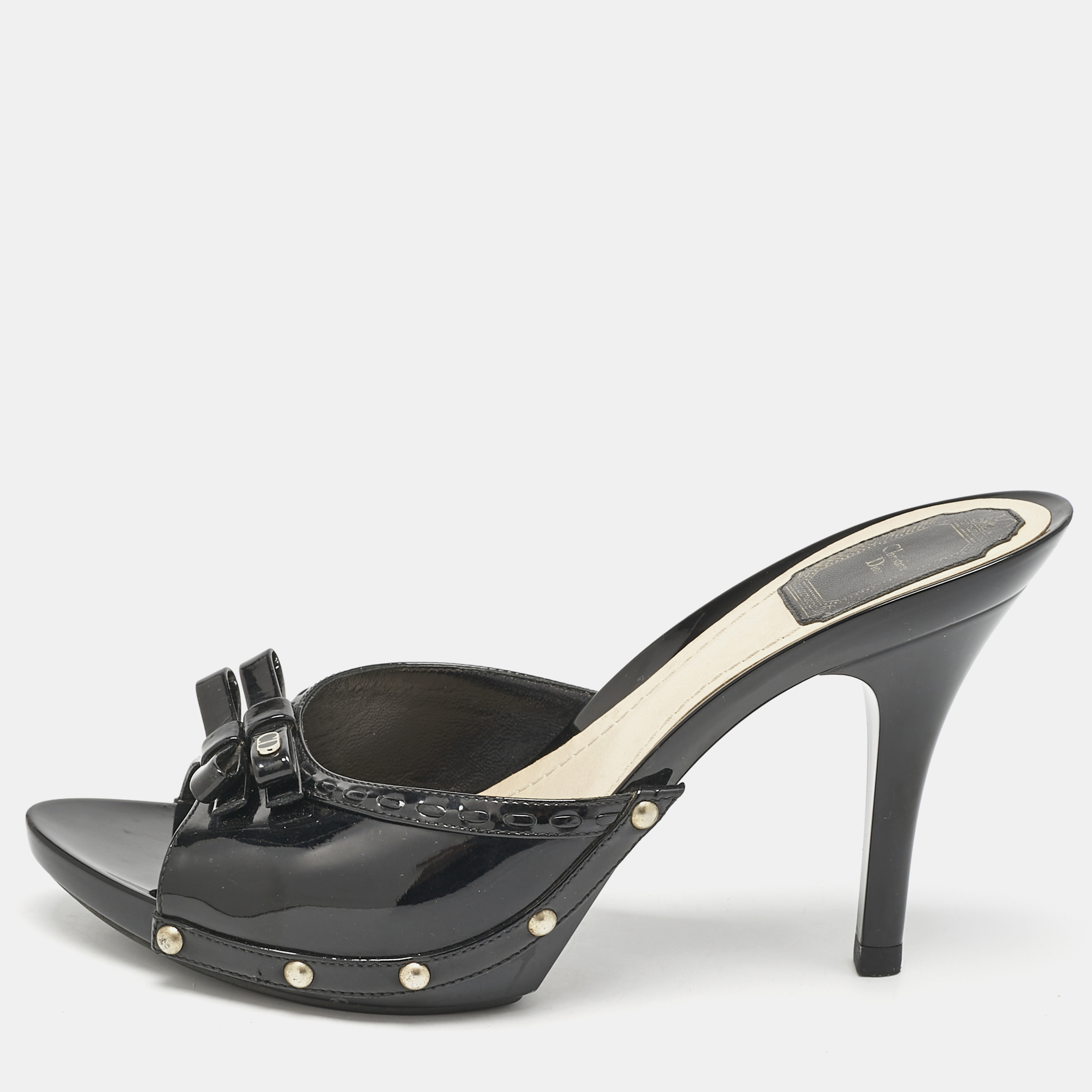 

Dior Black Patent Leather Bow Slide Sandals Size