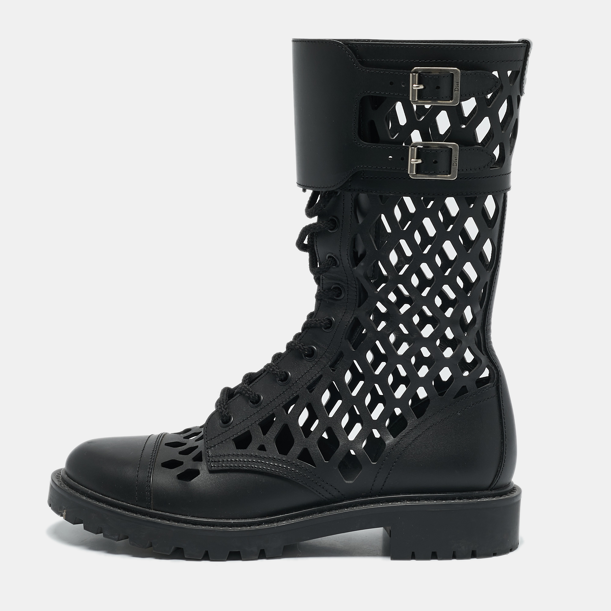 

Dior Black Leather Laser Cut Accents Combat Boots Size