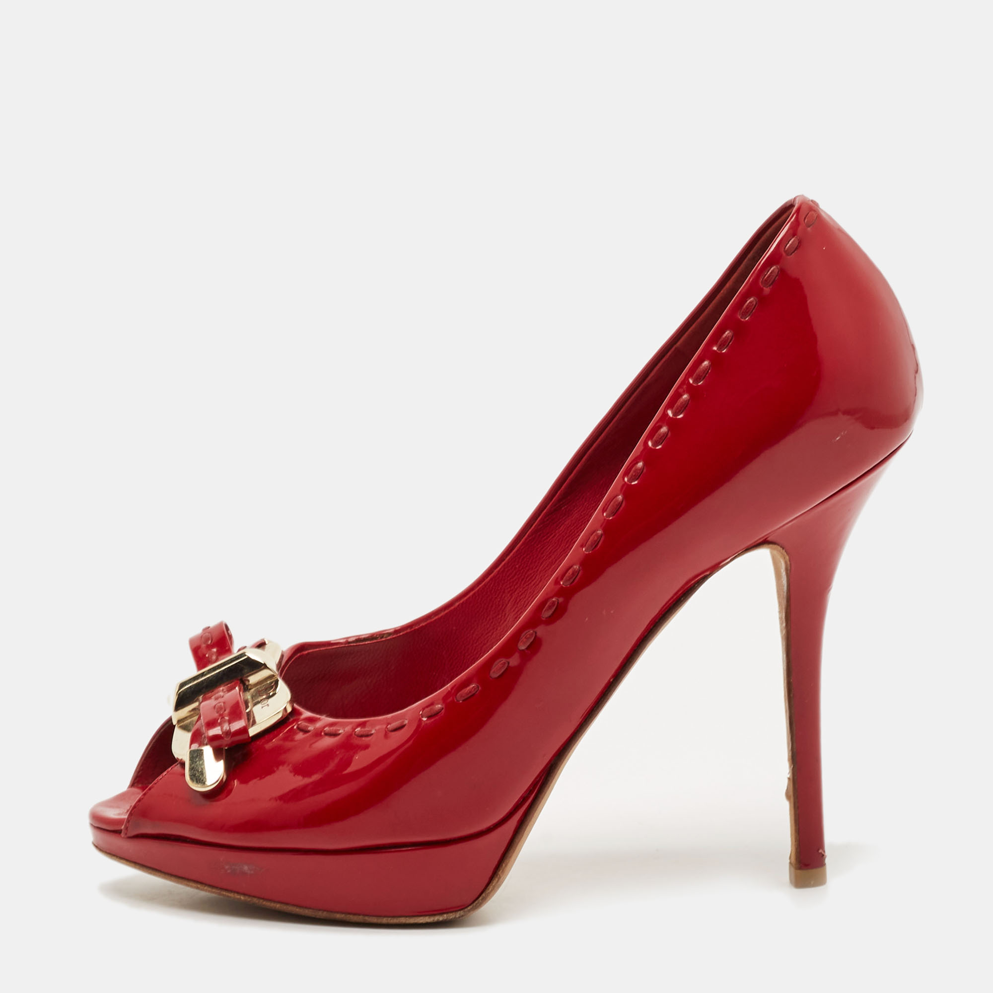 

Dior Red Patent Leather Bow Chain Detail Peep Toe Pumps Size