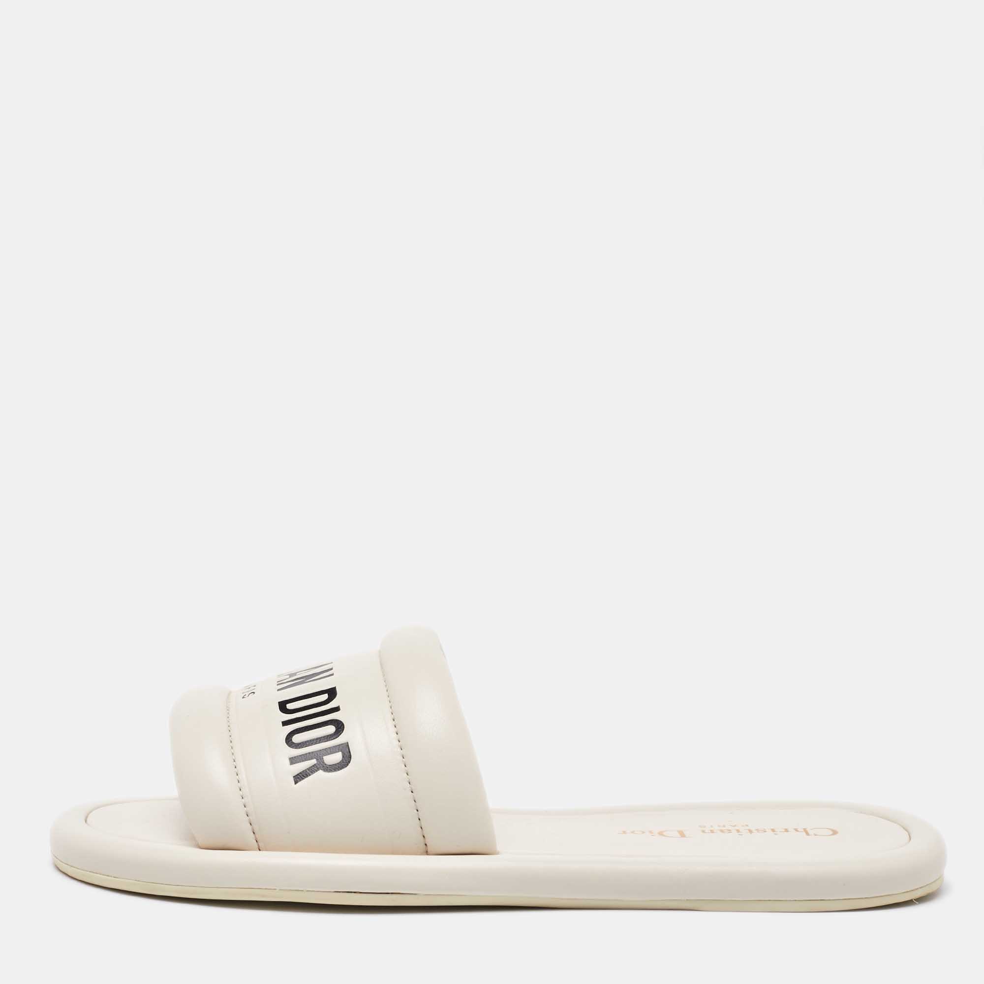 

Dior White Leather Every-D Flat Slide Sandals Size