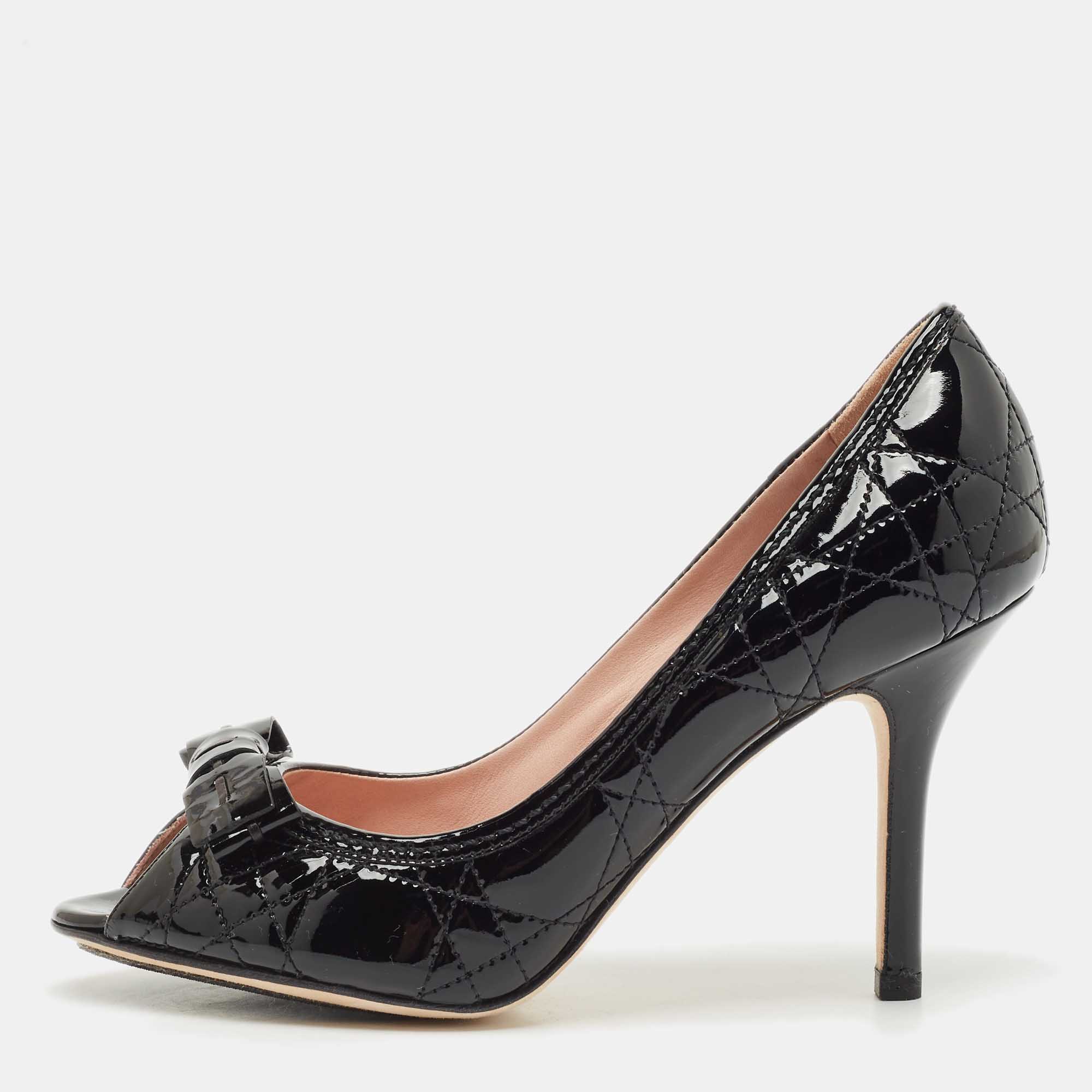 

Dior Black Cannage Patent Leather Bow Peep Toe Pumps Size