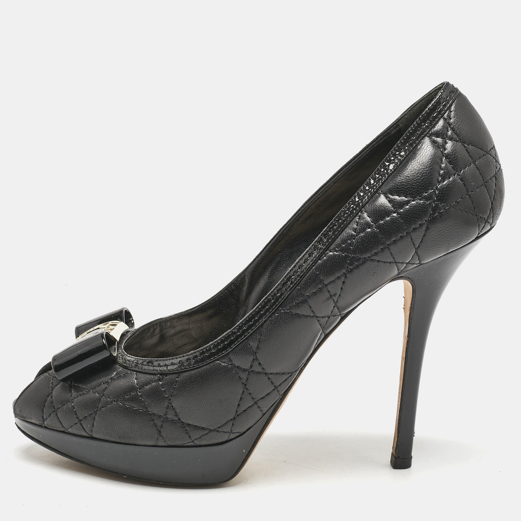 

Dior Black Cannage Leather Bow Peep Toe Platform Pumps Size