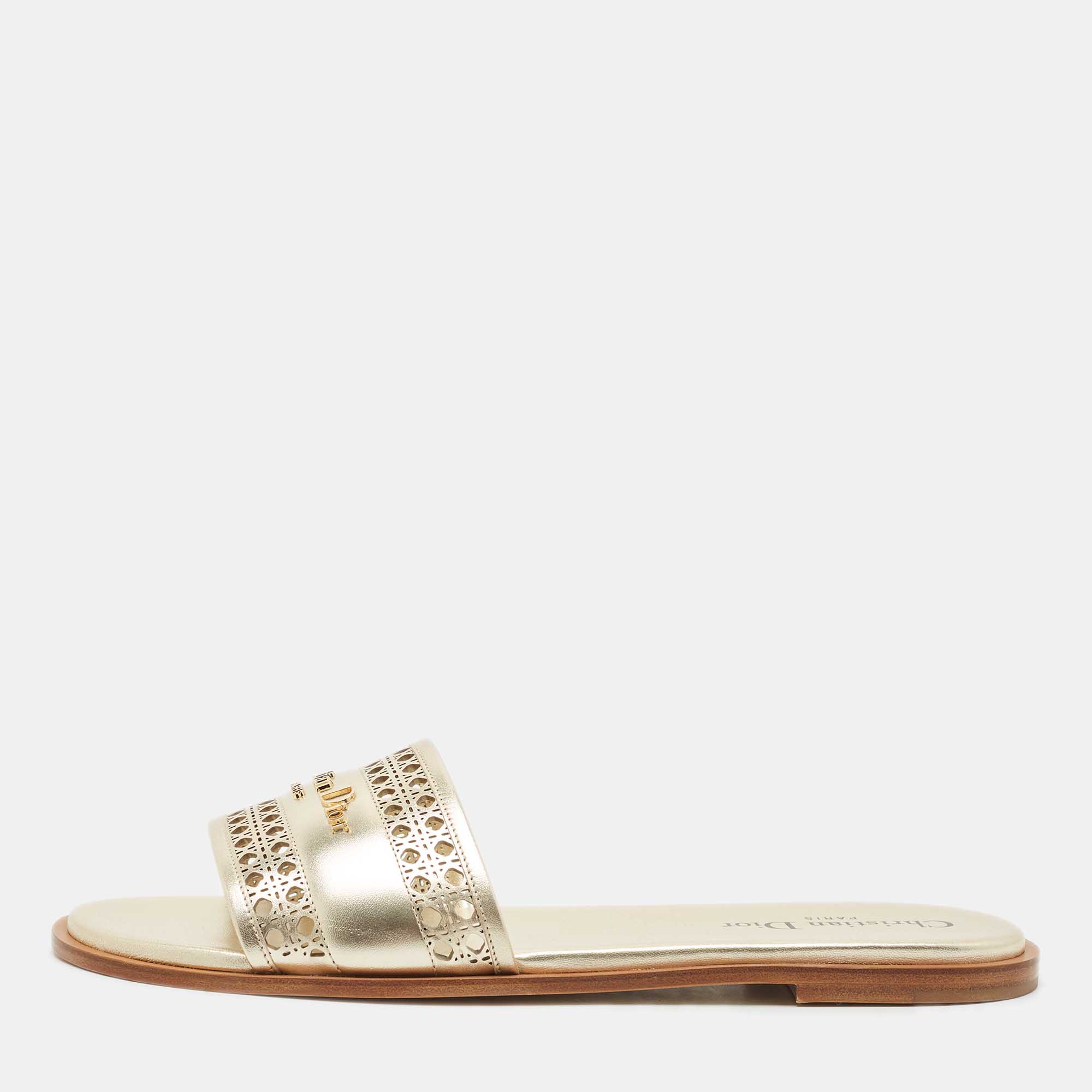 

Dior Gold Micro Cannage Leather D-Lane Flat Slide Sandals Size