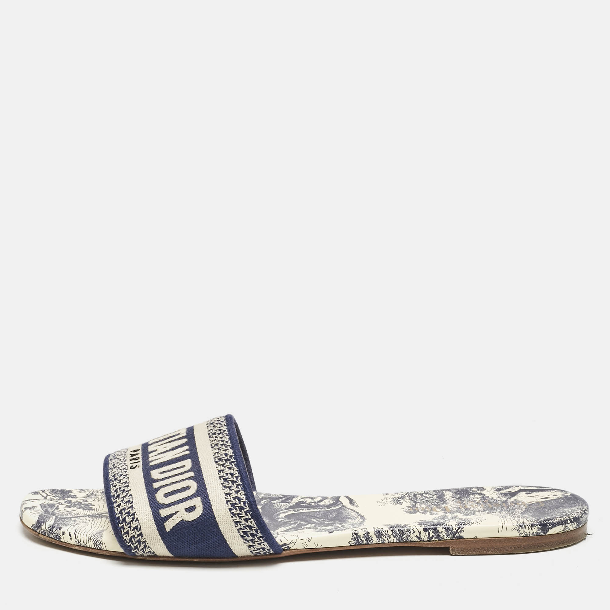 

Dior Navy Blue/Grey Canvas Dway Toile De Jouy Flat Slide Sandals Size