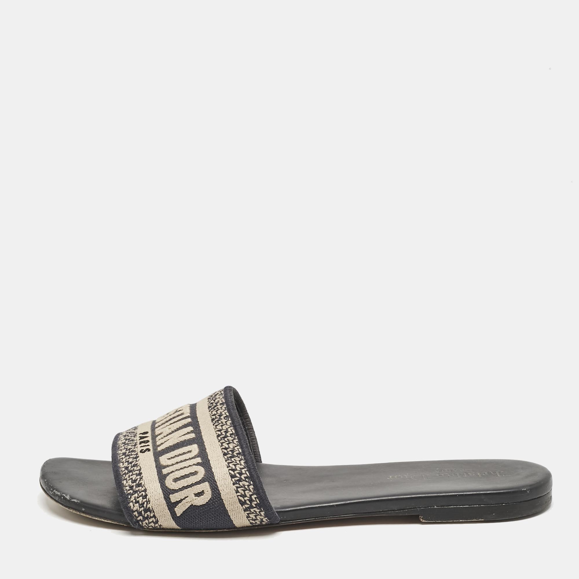 

Dior Navy Blue Embroidered Canvas Dway Flat Slides Size