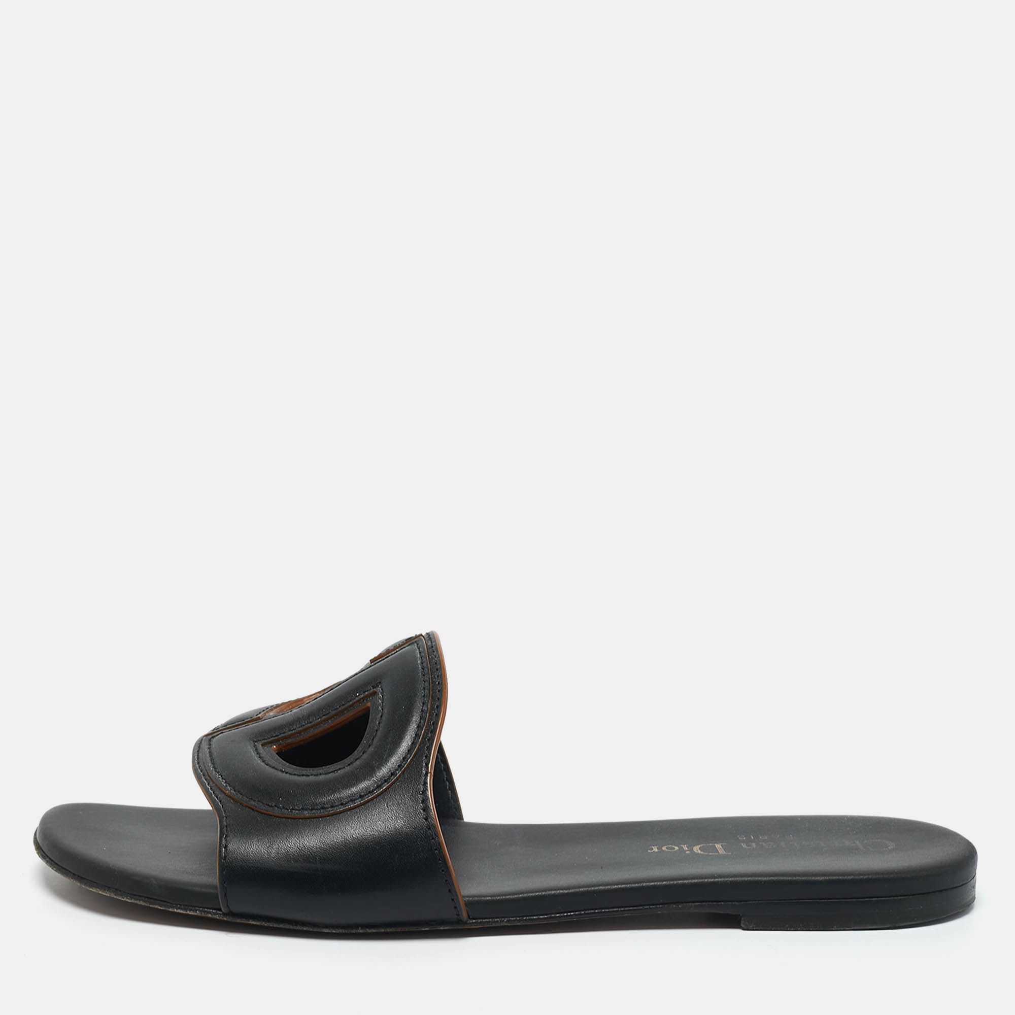 

Dior Black Leather D Club Flat Slide Sandals Size