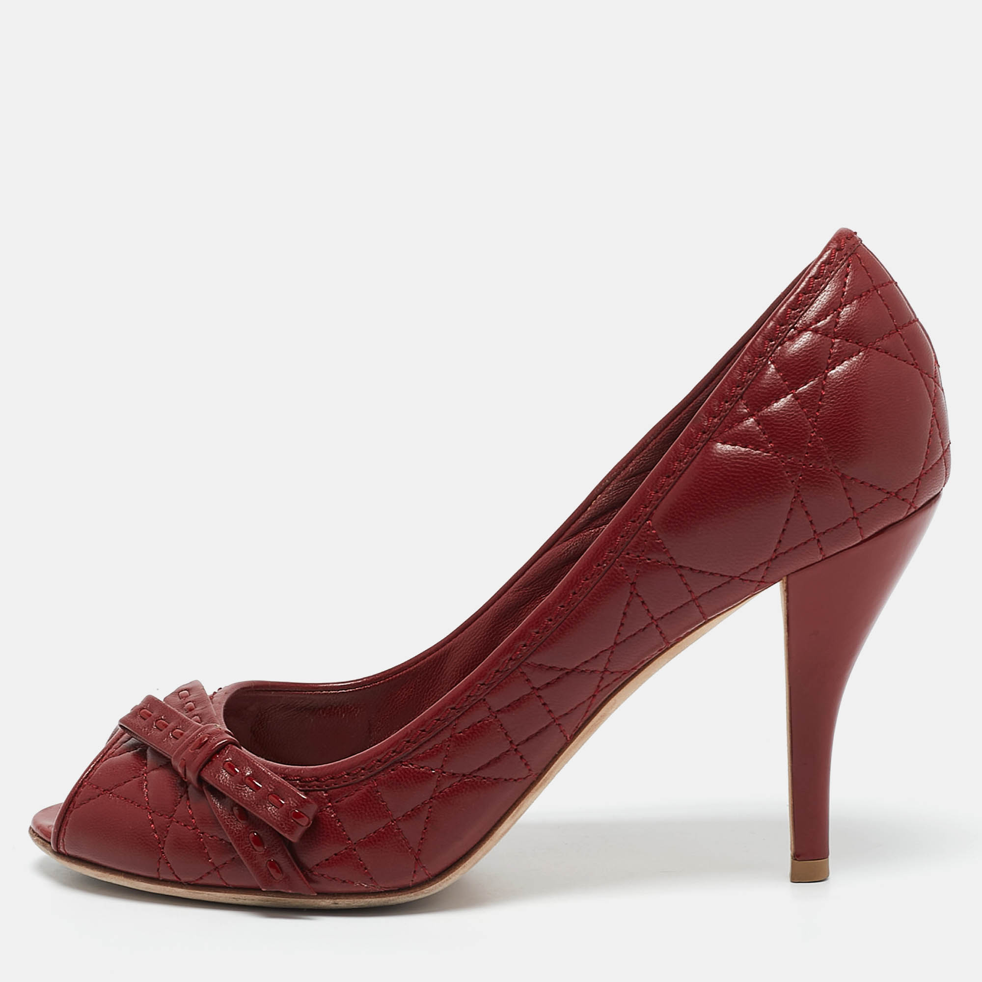 Pre-owned Dior Burgundy Cannage Leather Bow Peep Toe Pumps Size 37