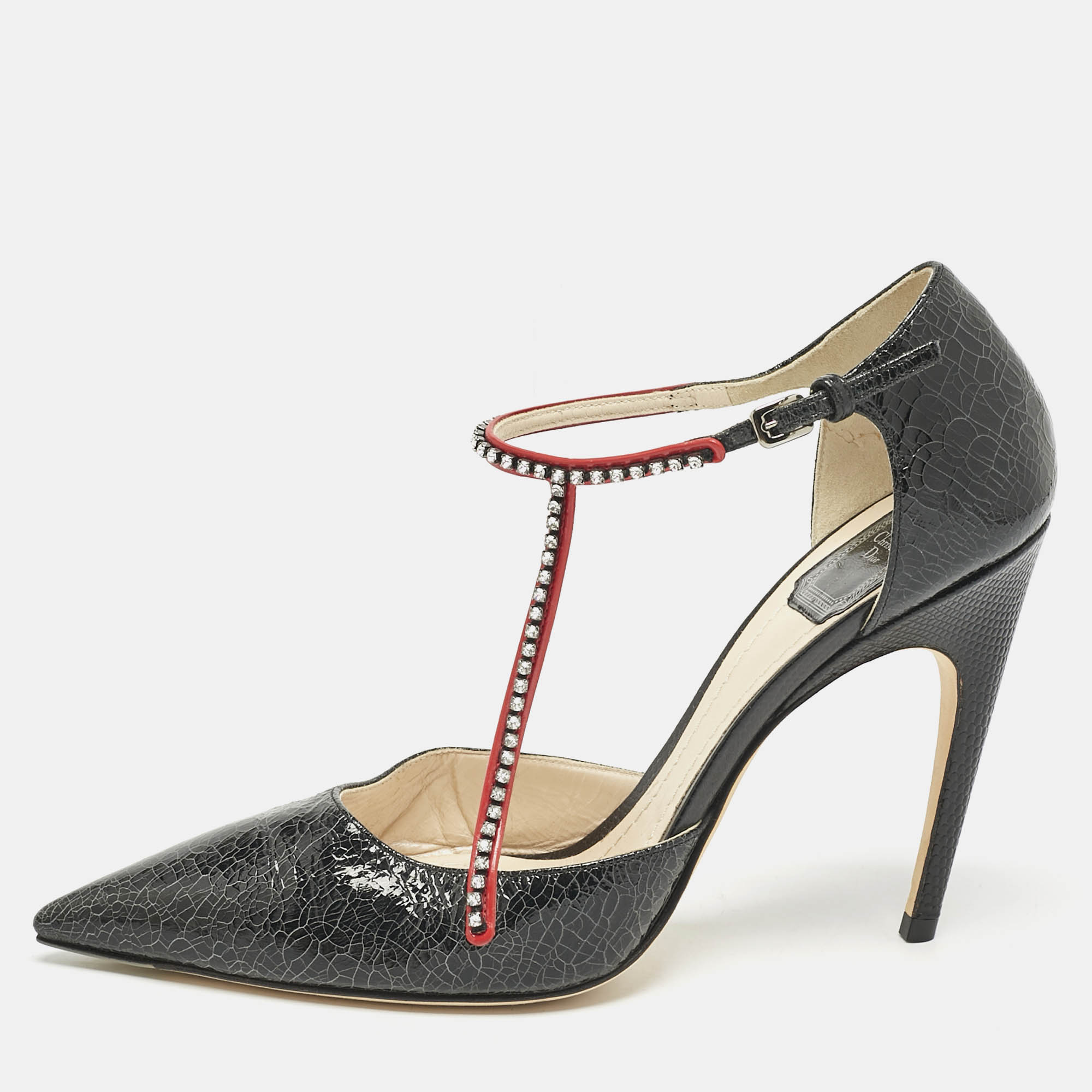 

Dior Black Leather Crystal Embellished T Strap Pointed Toe Pumps Size