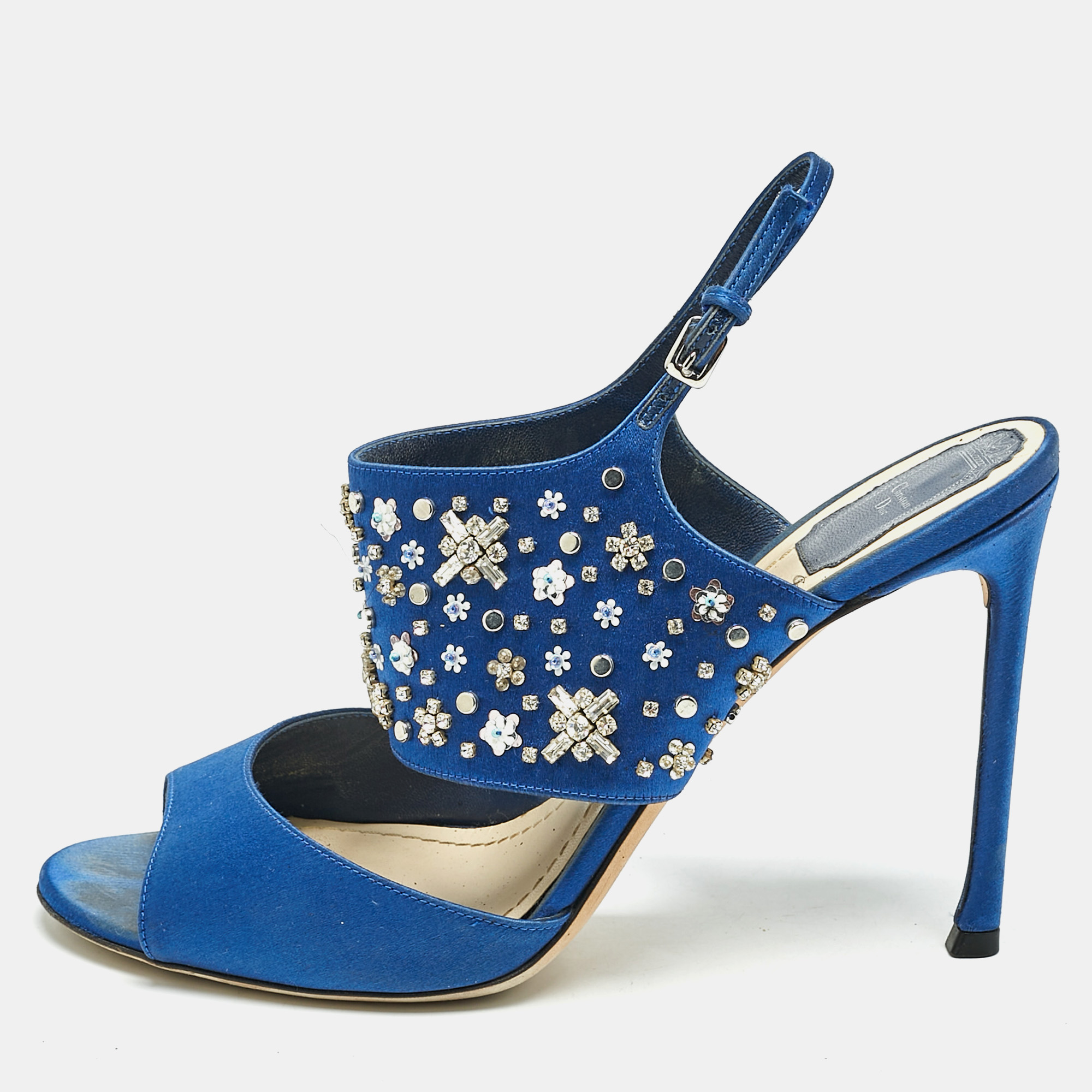 

Dior Blue Satin Embellished Slingback Sandals Size