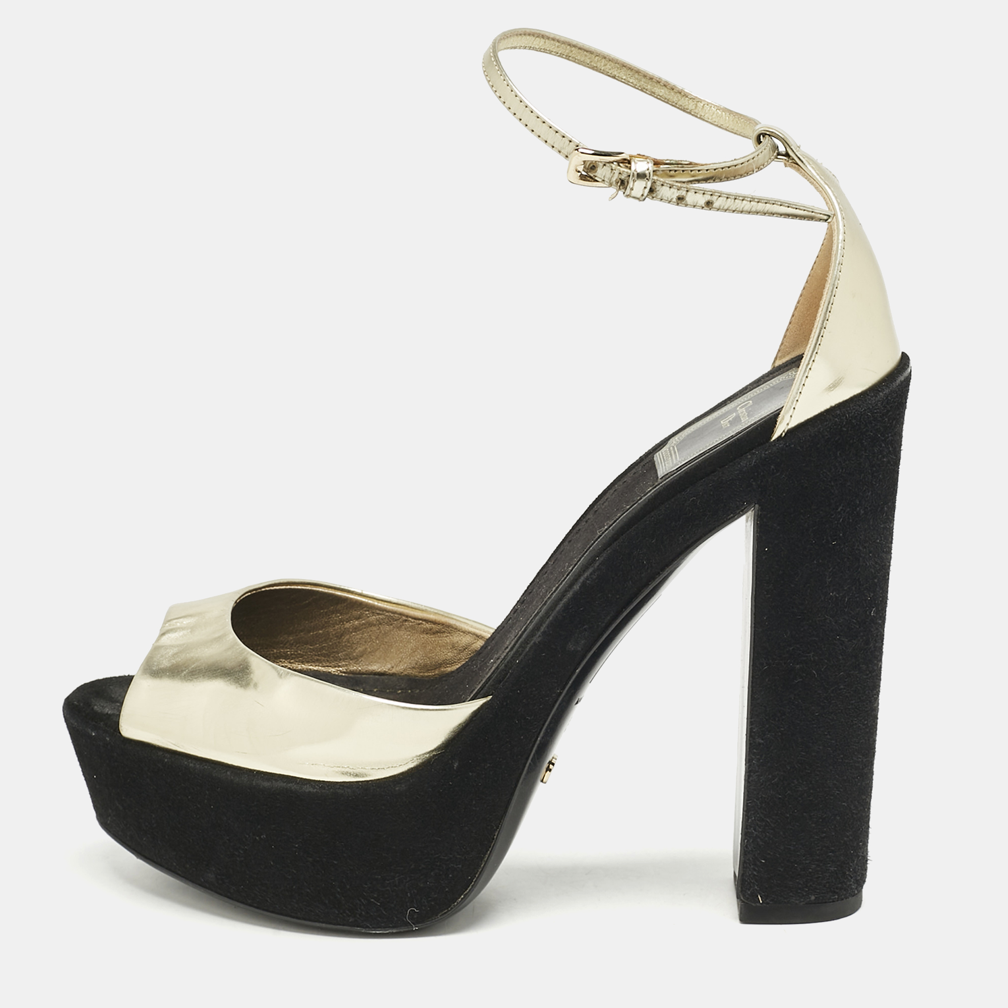 

Dior Gold Leather and Suede Block Heel Ankle Strap Sandals Size