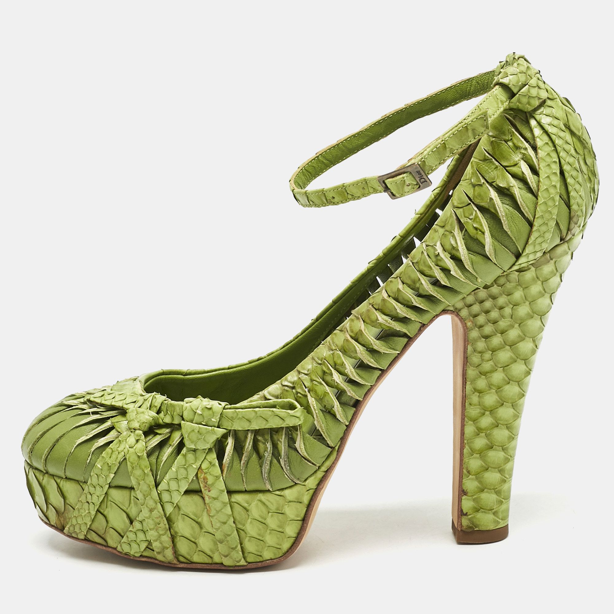 

Dior Green Python Leather Knot Detail Ankle Strap Platform Pumps Size