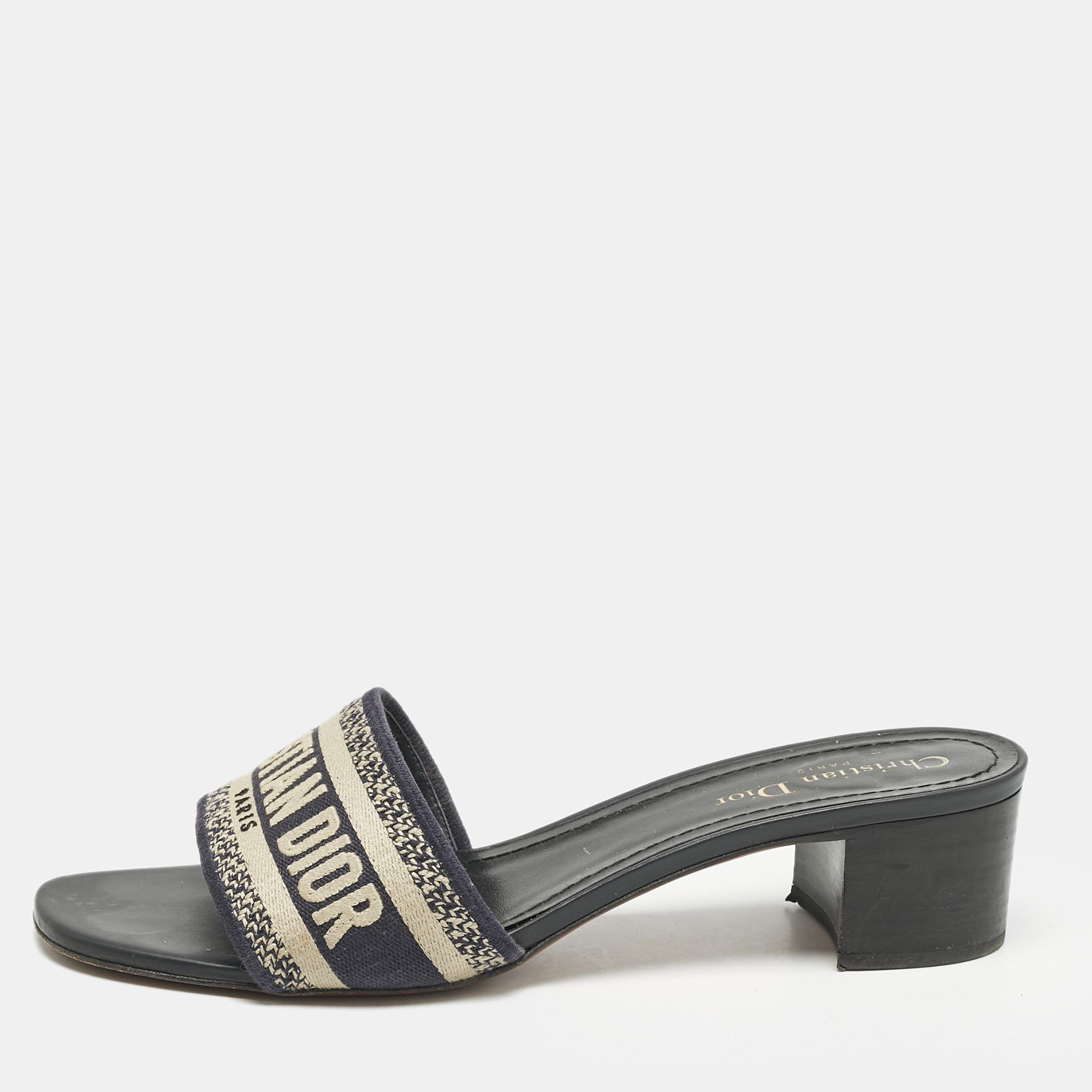 

Dior Navy Blue Embroidered Canvas Dway Slide Sandals Size