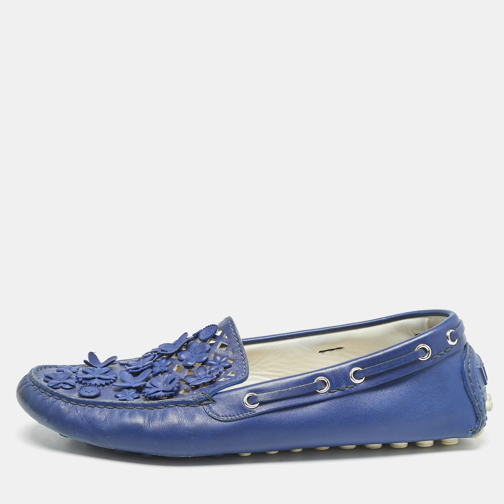 

Dior Blue Laser Cut Floral Embellished Leather Flore Loafers Size