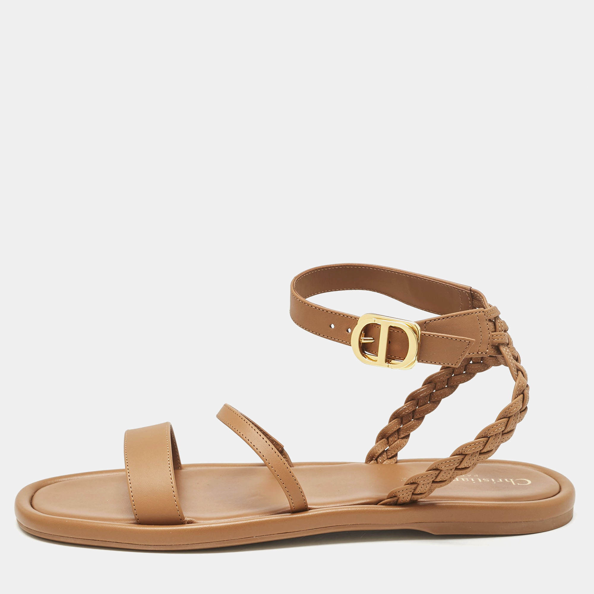 

Dior Brown Leather Egee Braided Ankle Strap Flat Sandals Size