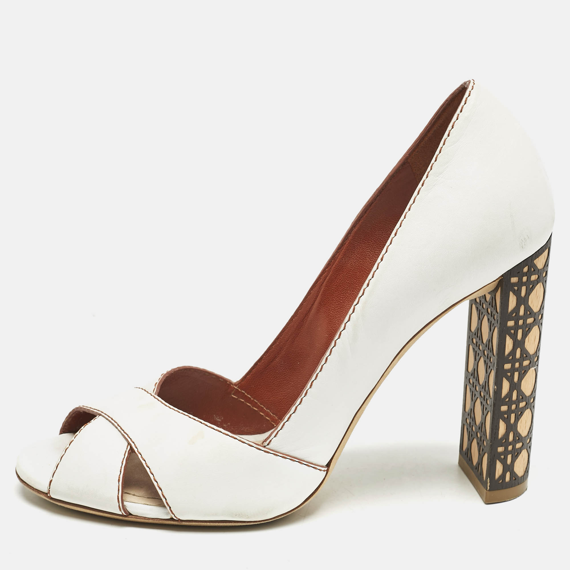 

Dior White Leather Criss Cross Cannage Woodden Heel Open Toe Pumps Size