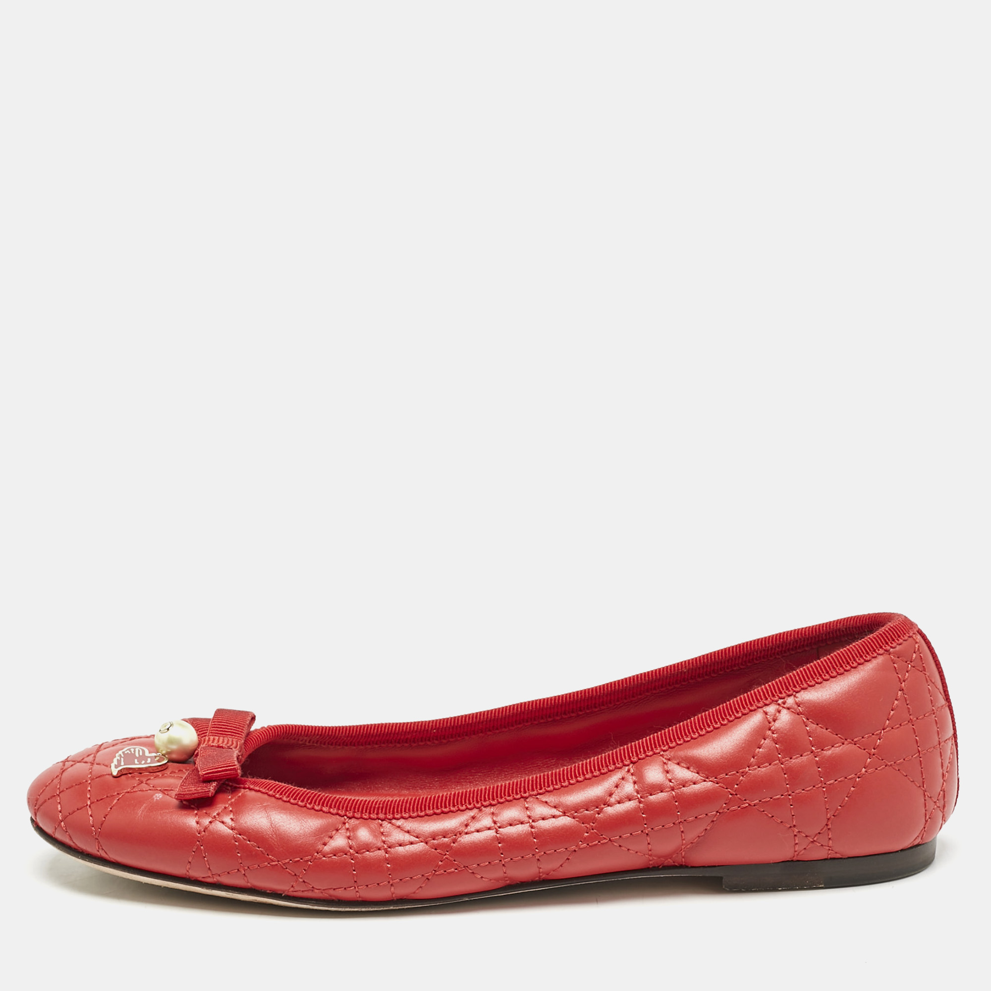 

Dior Red Cannage Quilted Leather Bow Ballet Flats Size