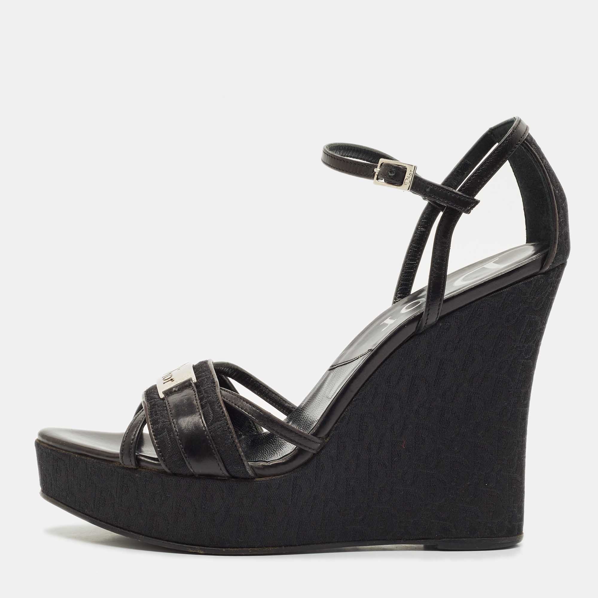 

Dior Black Oblique Canvas and Leather Strappy Wedge Sandals Size