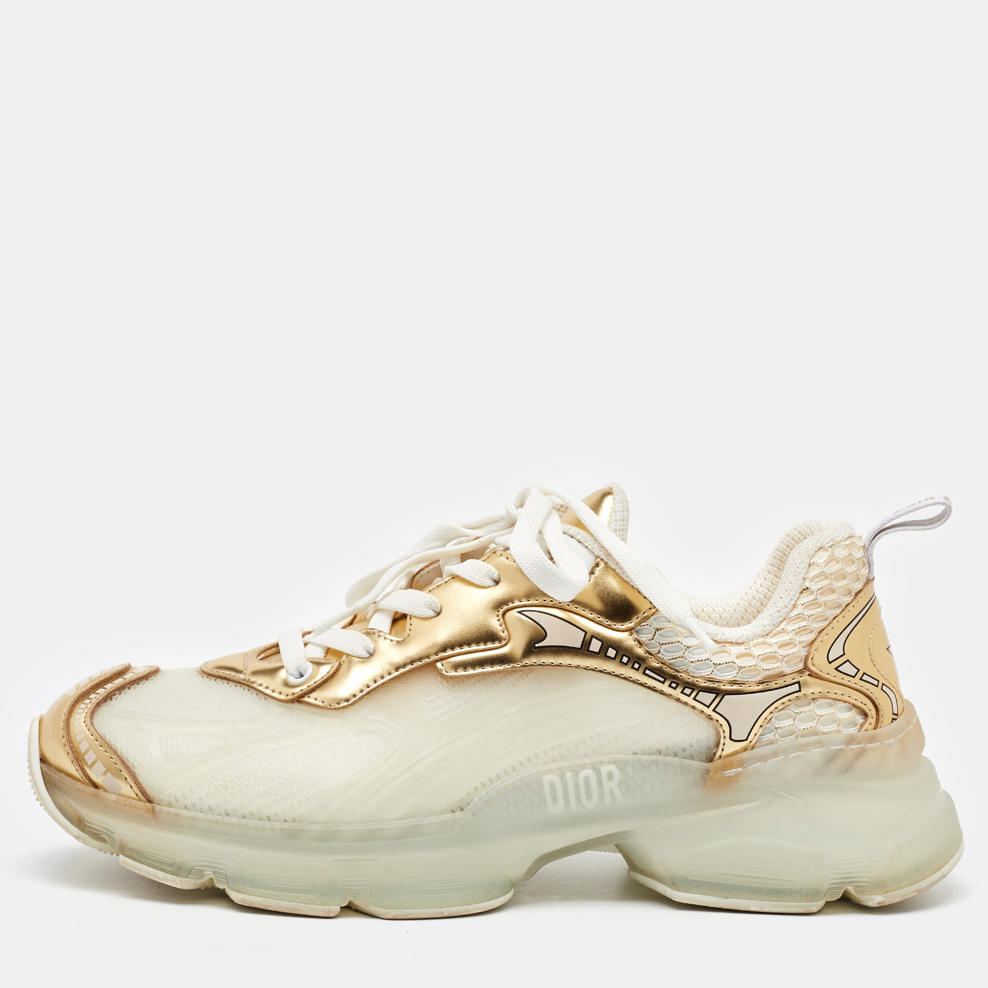 

Dior White/Gold Rubber, Mesh and Leather Vibe Low Top Sneakers Size