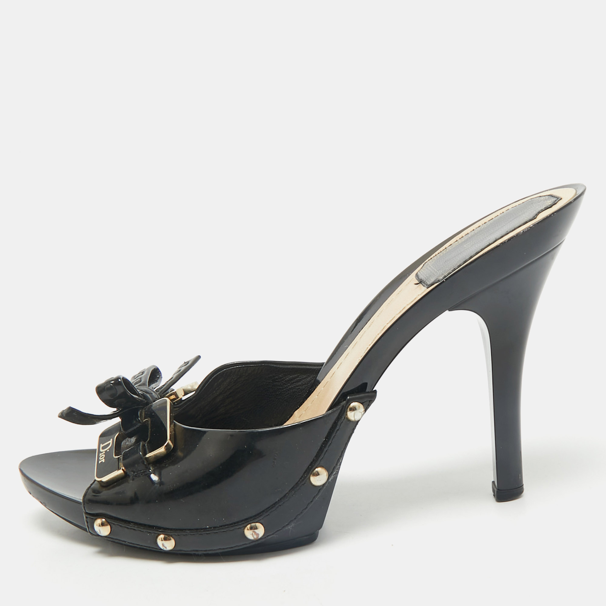 

Dior Black Patent Leather Bow Slide Sandals Size